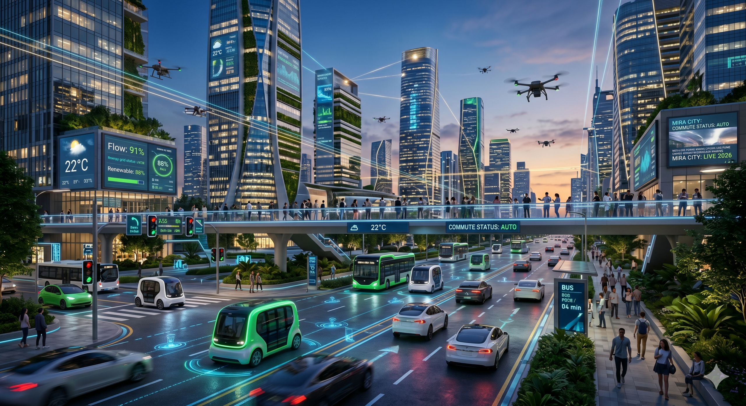 futuristic smart city with autonomous vehicles, IoT sensors, AI traffic systems, drones, and connected infrastructure in 2026