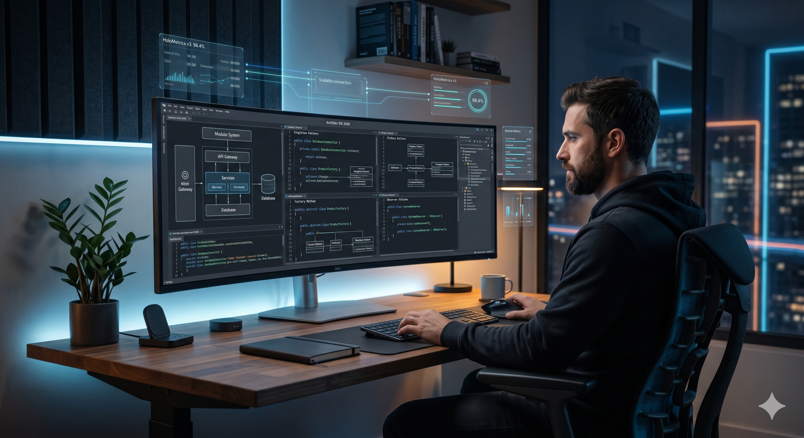 Software developer analyzing software design patterns with UML diagrams and scalable system architecture on ultra-wide monitor in a modern workspace