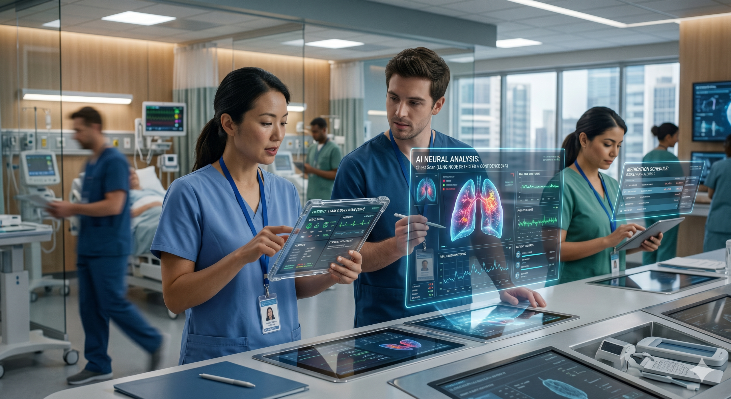 healthcare professionals using software systems with AI diagnostics, electronic health records, and real-time patient data in hospital