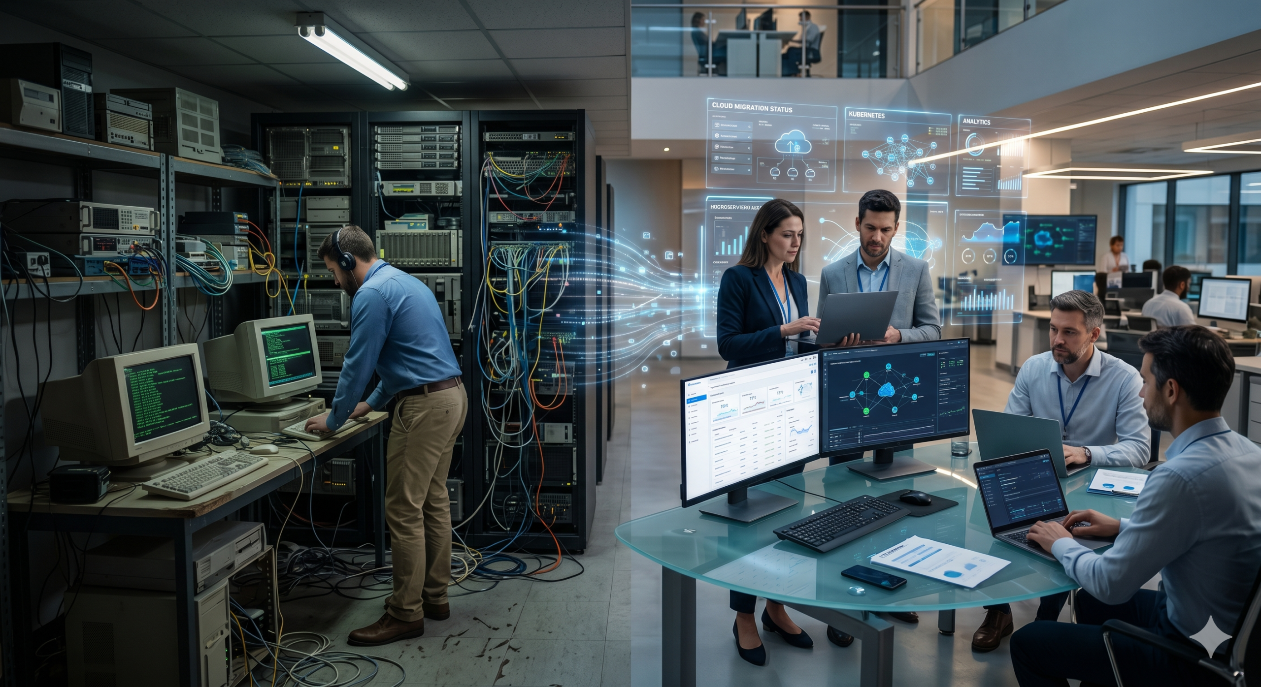 System modernization concept showing legacy server infrastructure transitioning to modern cloud-based enterprise technology with data integration and analytics dashboards