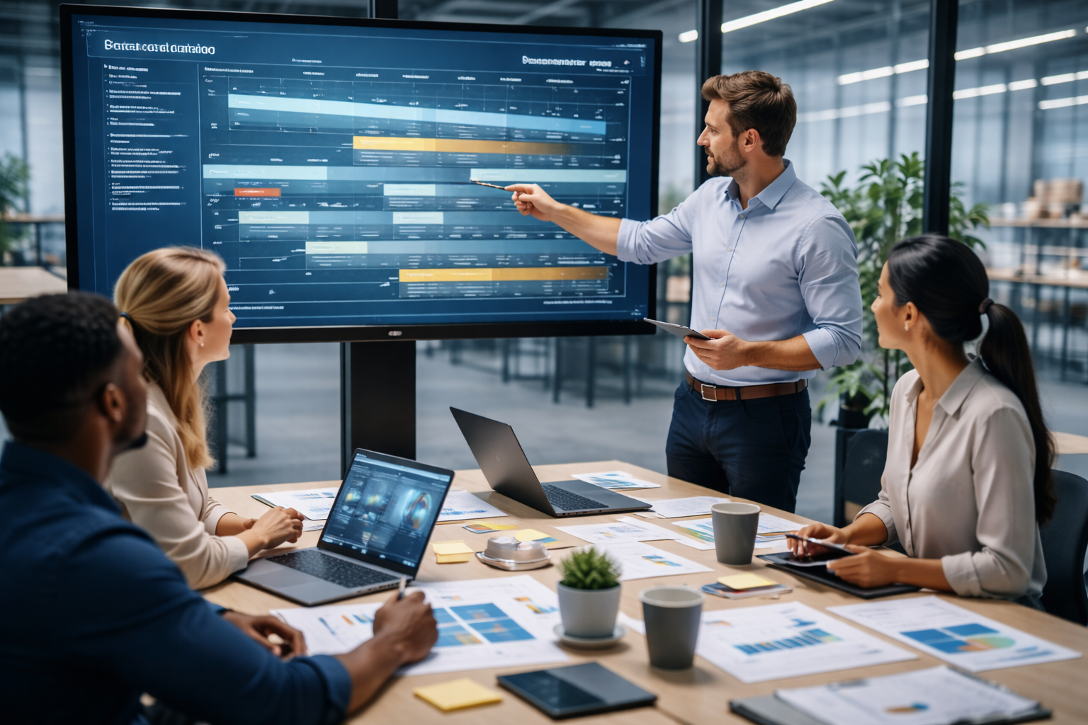 Business team collaborating on a tech roadmap using digital dashboards, timelines, and strategic planning tools in a modern office environment