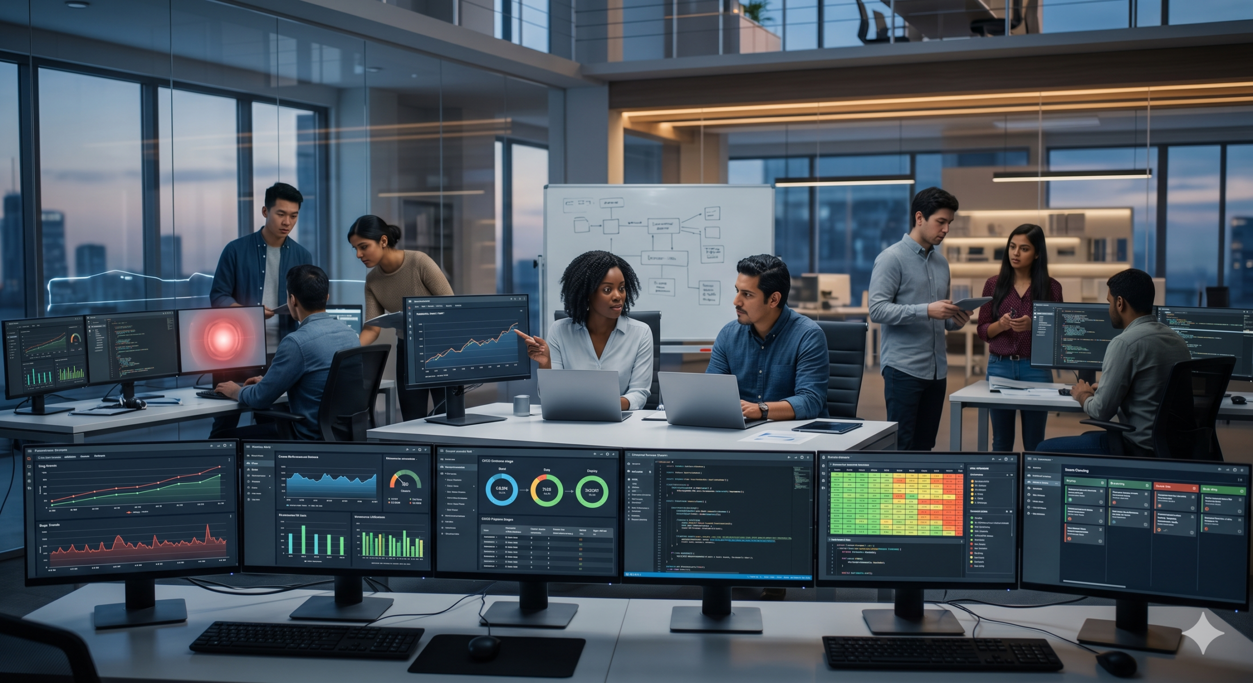 Testing and QA team analyzing software dashboards, automation results, and performance metrics in a modern development environment in 2026