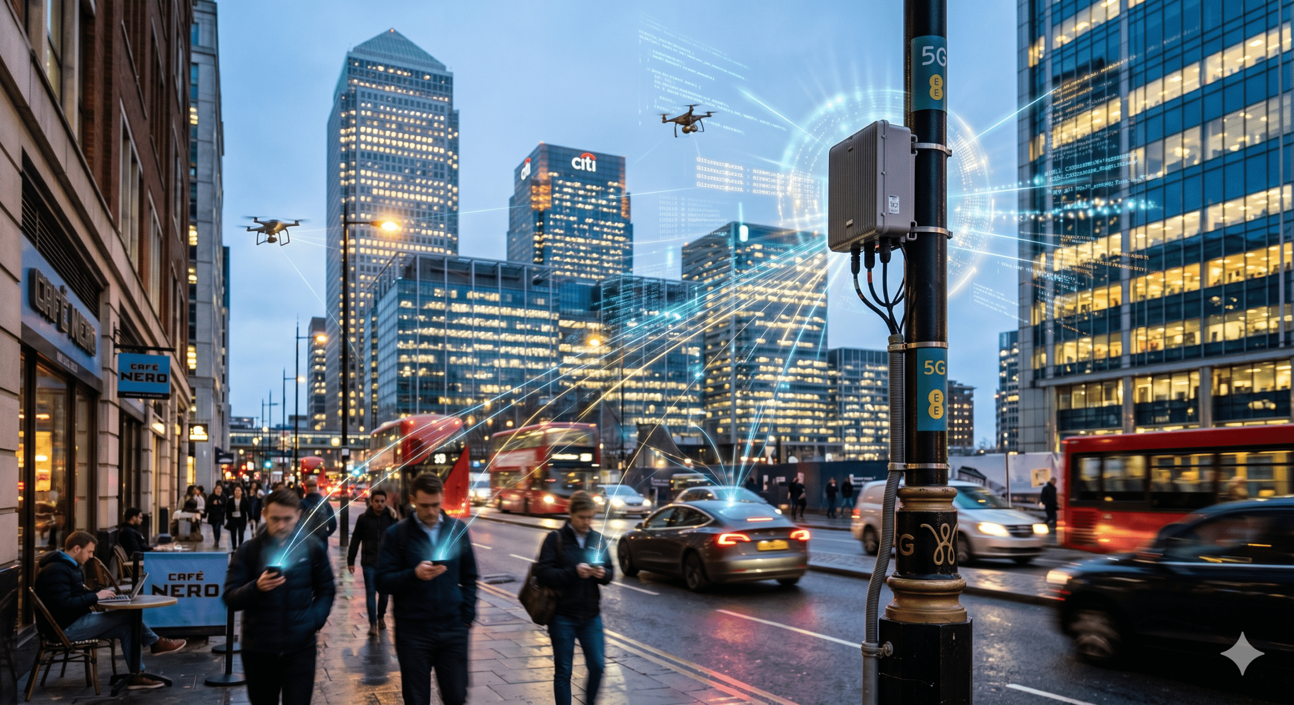 5G connectivity infrastructure installed on a smart city street with wireless network signals, drones, connected vehicles, and urban telecom systems
