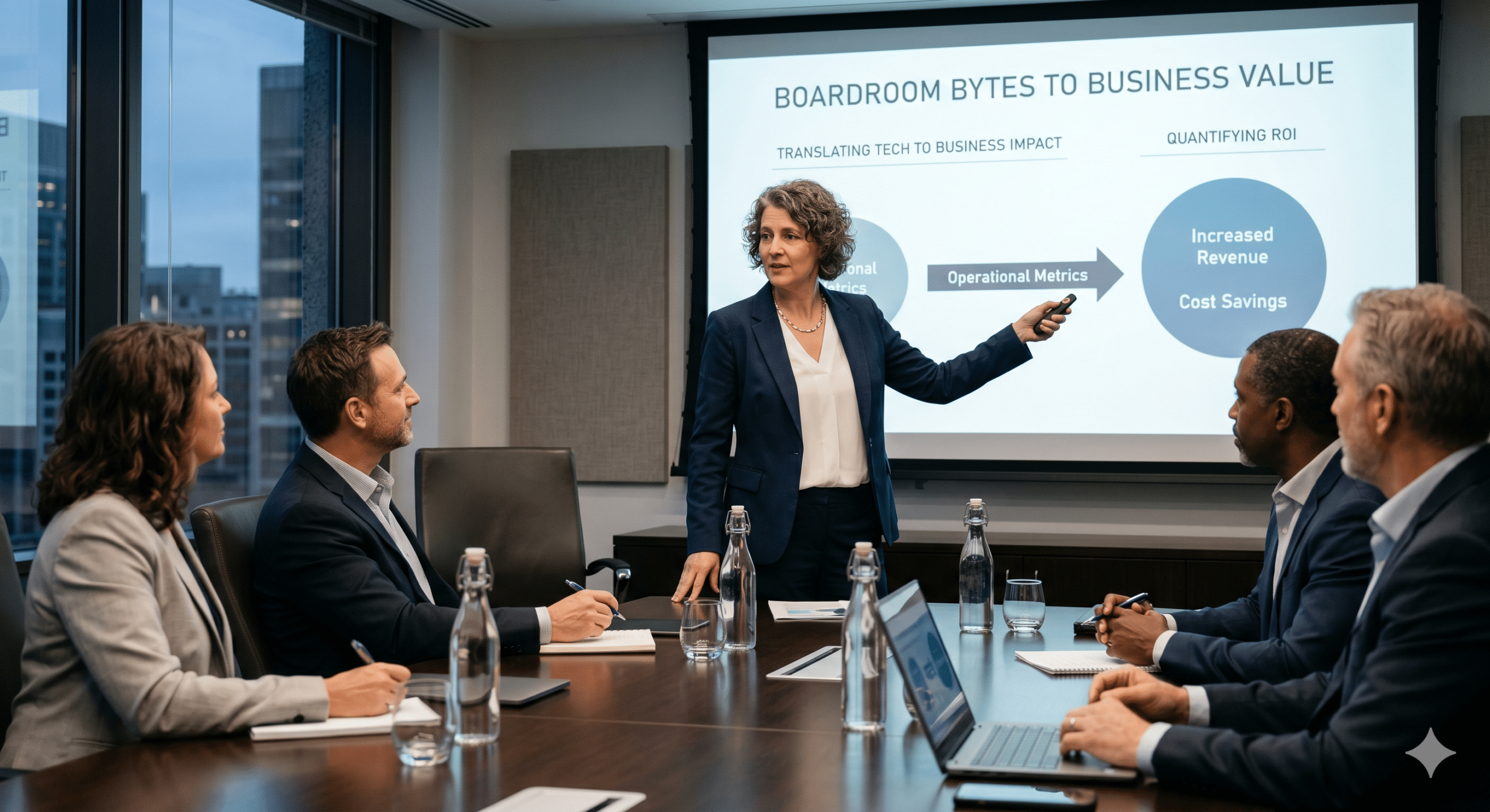 Executive presenting board-level tech reporting metrics to business leaders during a corporate strategy meeting