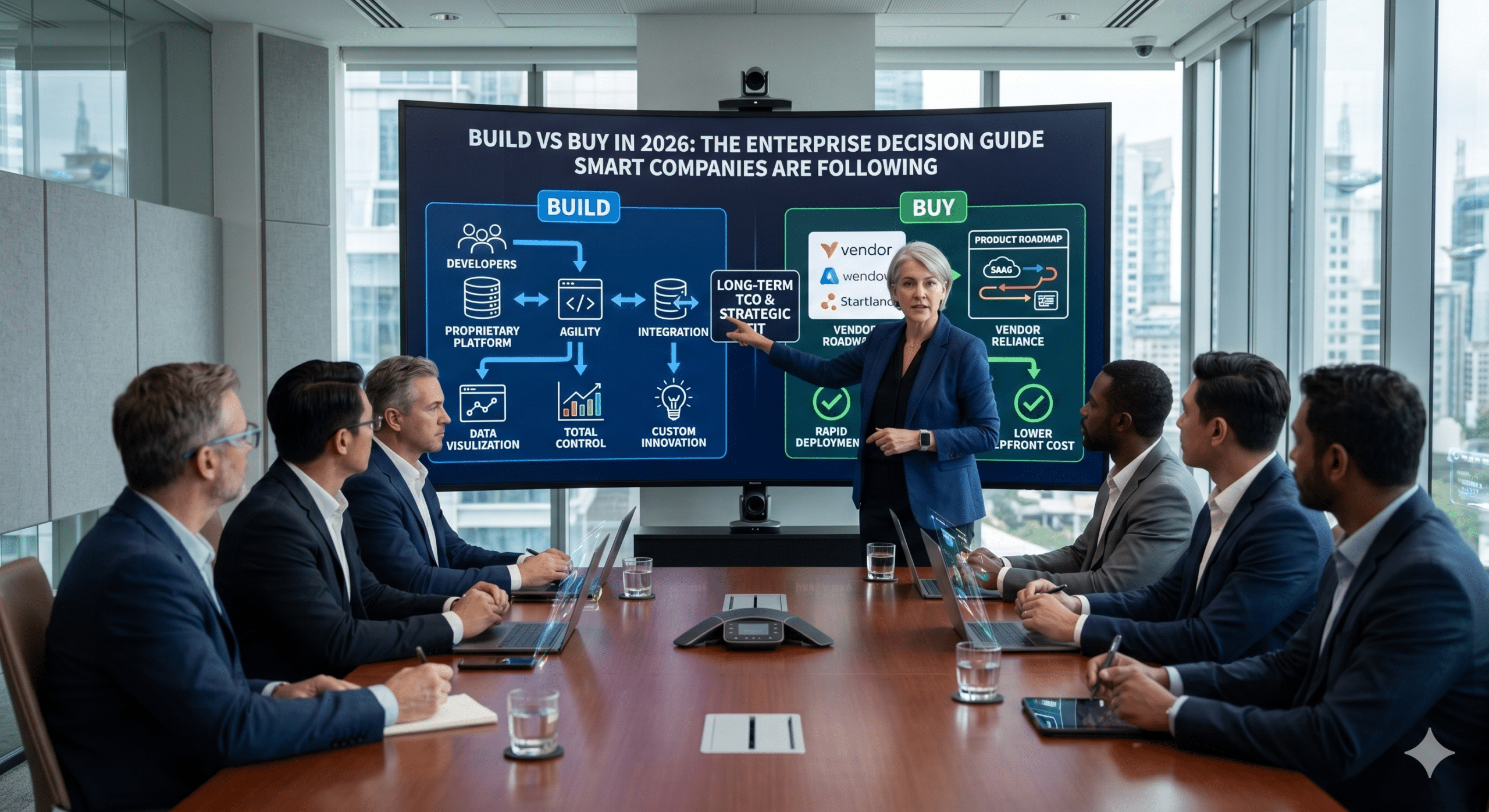 Enterprise leadership team reviewing a Build vs Buy enterprise decision guide during a corporate strategy meeting focused on software scalability, AI integration, and technology investment planning.