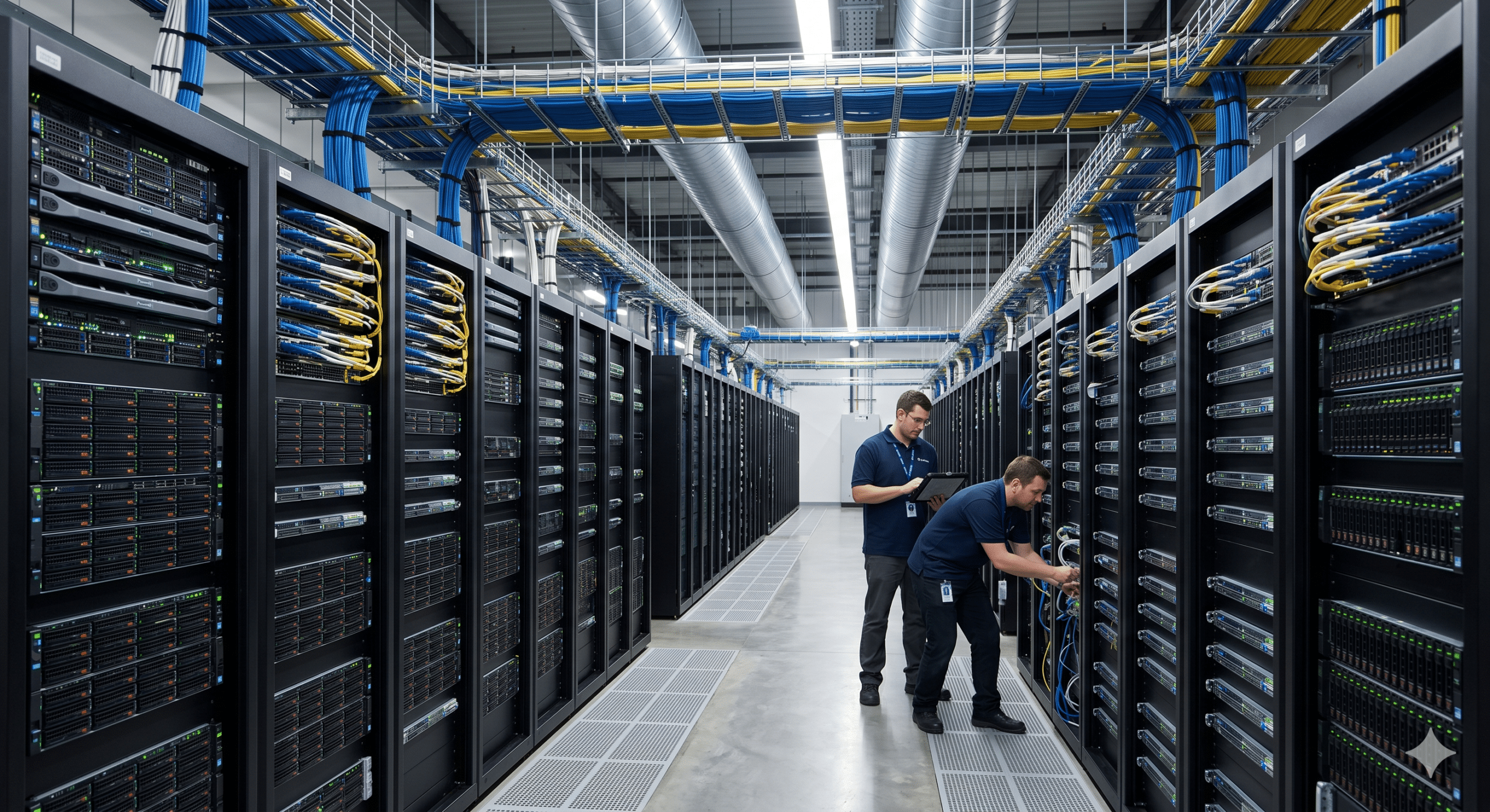 Modern Data Centers with enterprise server racks, structured cabling, and network engineers managing infrastructure systems