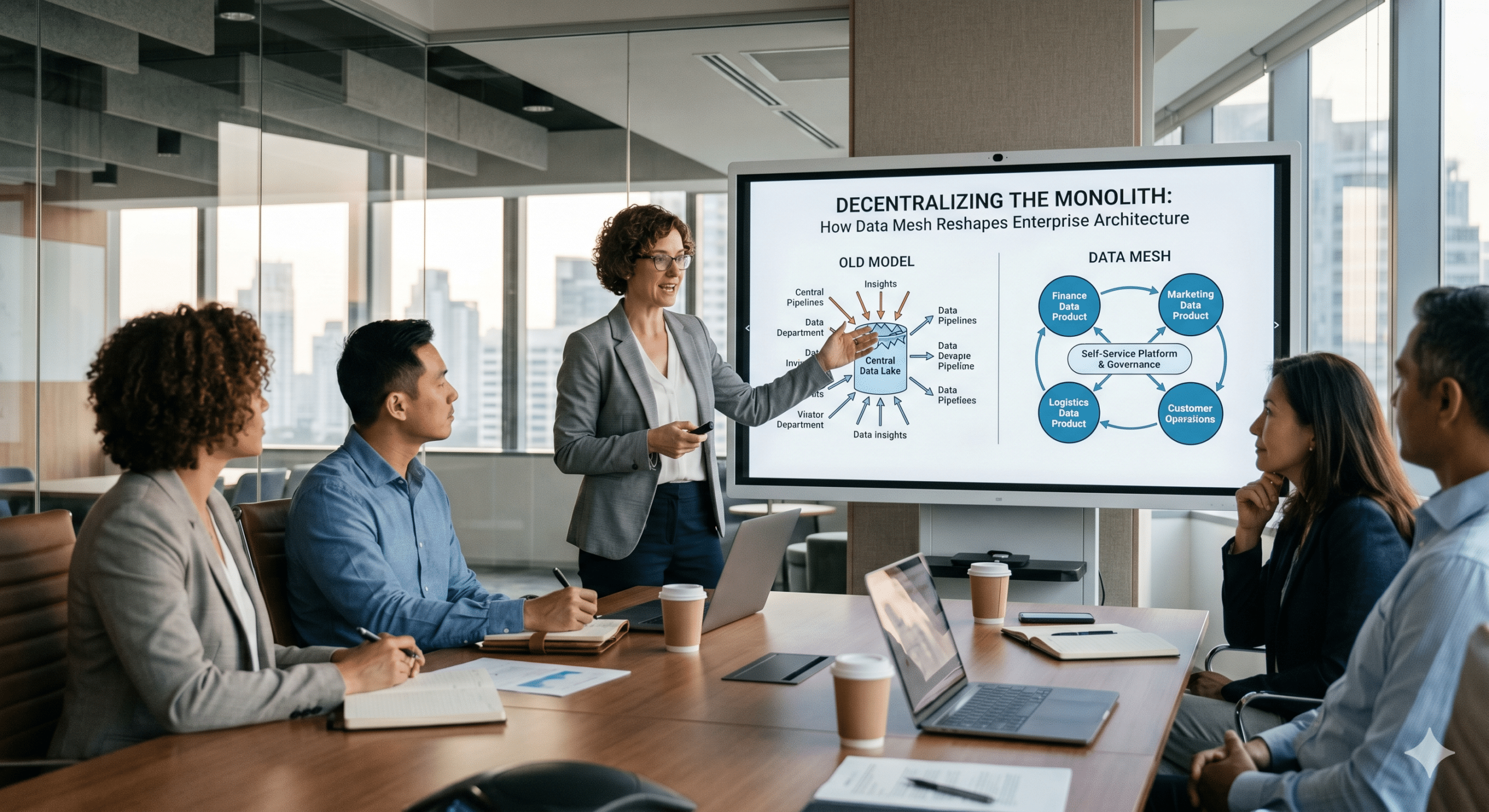 Enterprise architecture team discussing Data Mesh strategy and decentralized data systems during a modern business meeting
