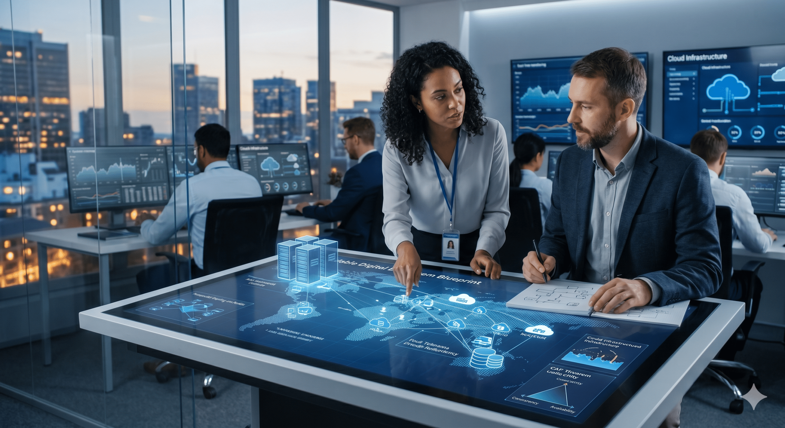 Enterprise architects designing distributed systems architecture with cloud infrastructure dashboards and real-time digital network visualization