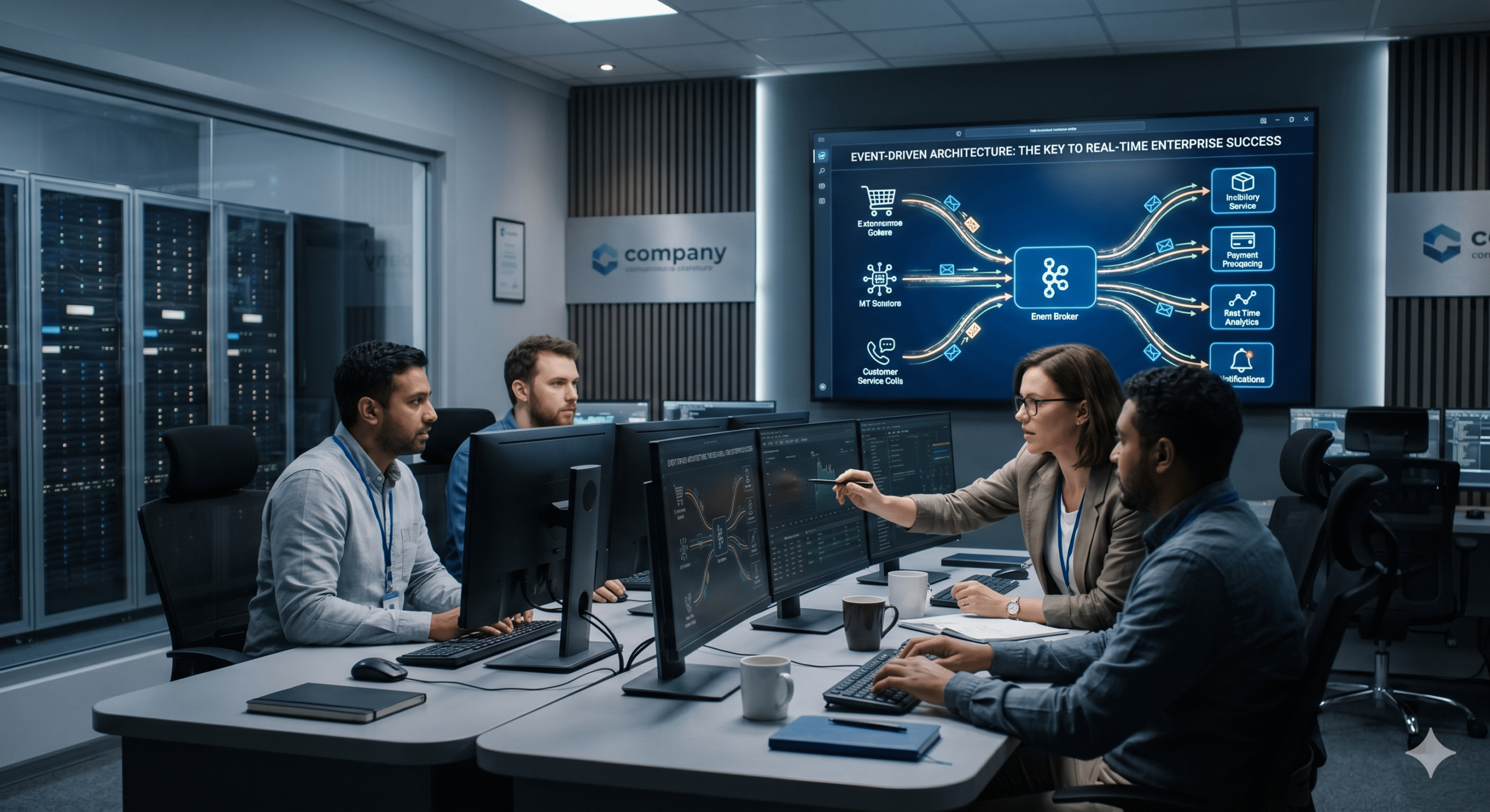 Event-Driven Architecture enterprise team monitoring real-time system integrations, event brokers, analytics dashboards, and distributed applications in a modern data center environment