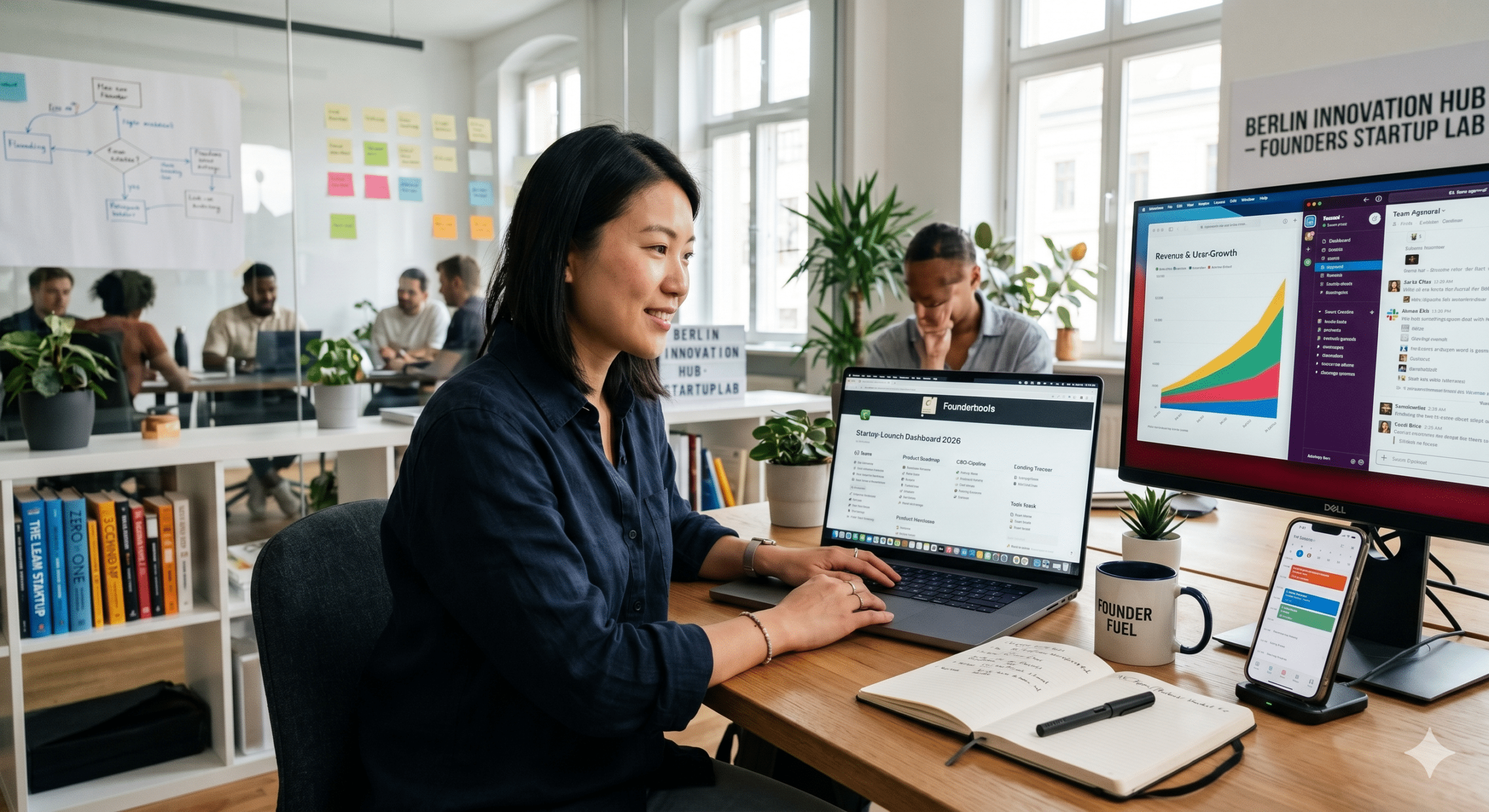 Female startup founder using digital founder toolkits and analytics dashboards in a modern innovation hub office