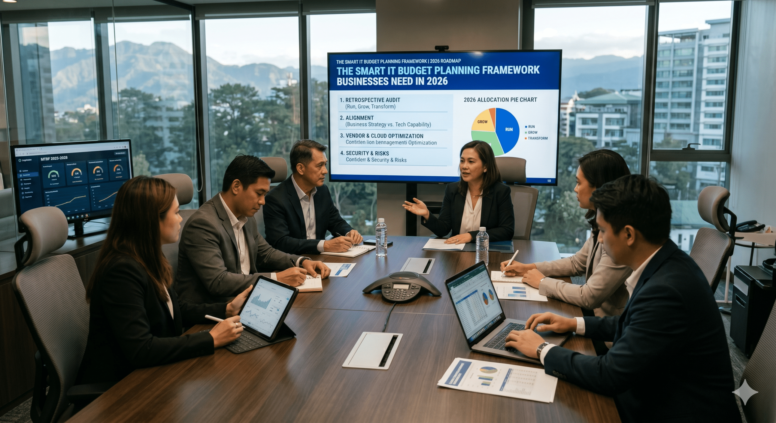 IT executives and business leaders discussing a smart IT budget planning framework for 2026 during a corporate strategy meeting with financial charts and technology planning dashboards.