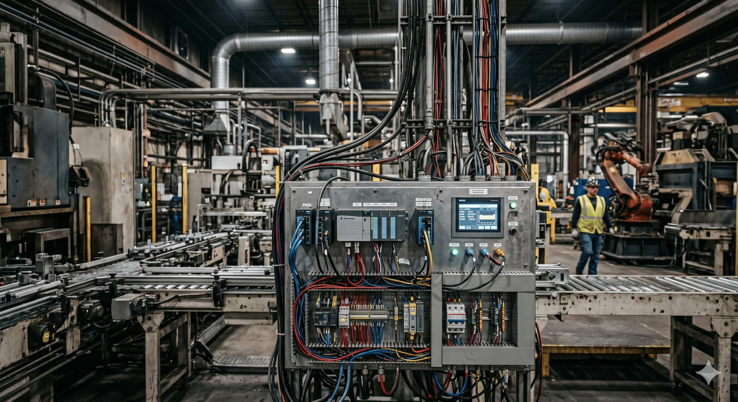 Industrial hardware control panel inside a modern automated manufacturing facility with industrial infrastructure systems and factory automation equipment