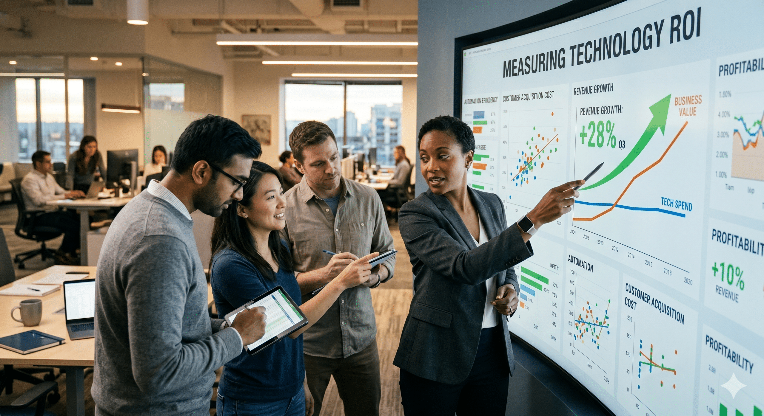 Business team analyzing measuring technology ROI metrics on a digital dashboard during a corporate strategy meeting