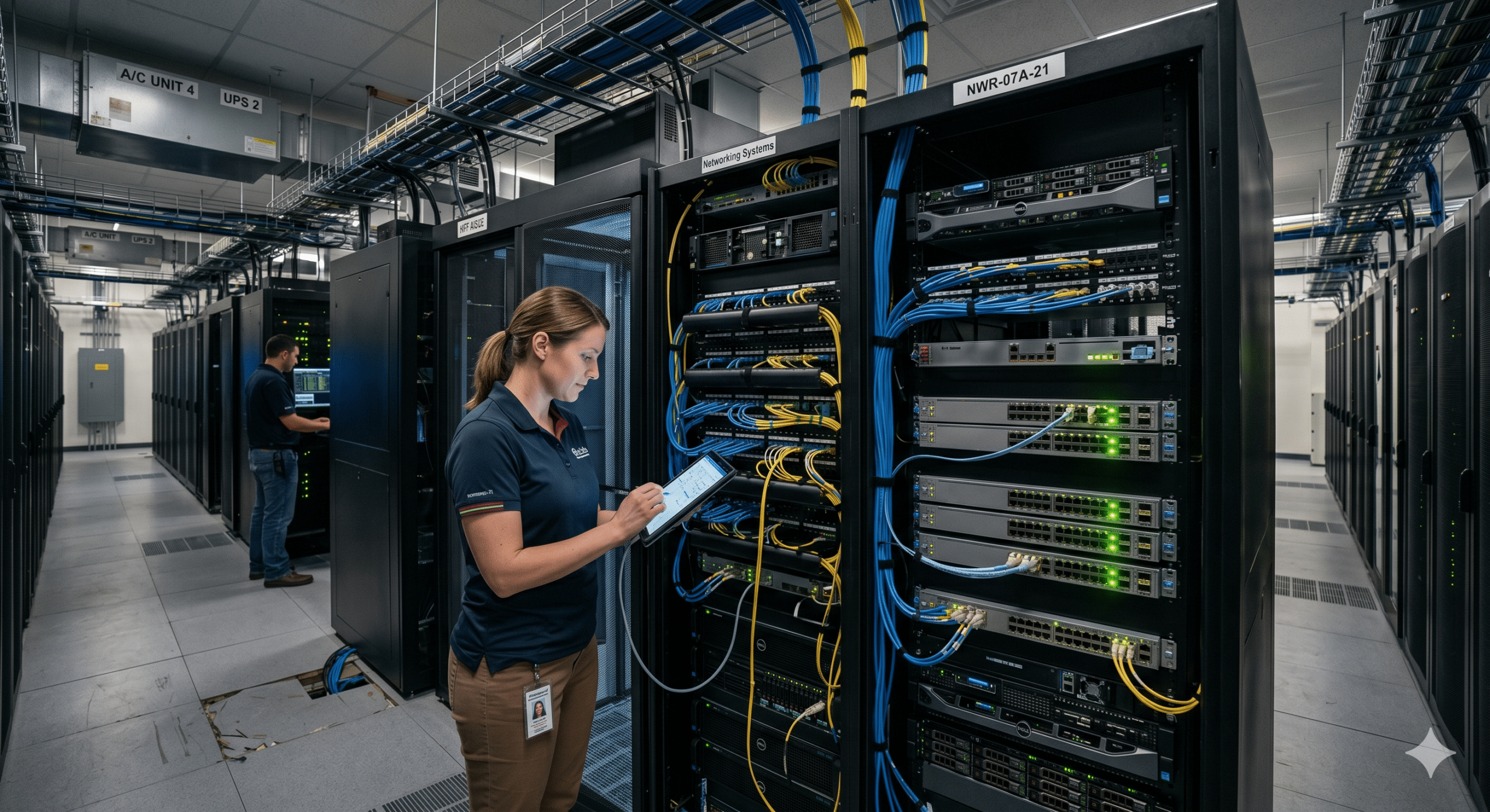 Network engineer managing enterprise networking systems inside a modern data center with server racks, fiber cabling, and infrastructure hardware
