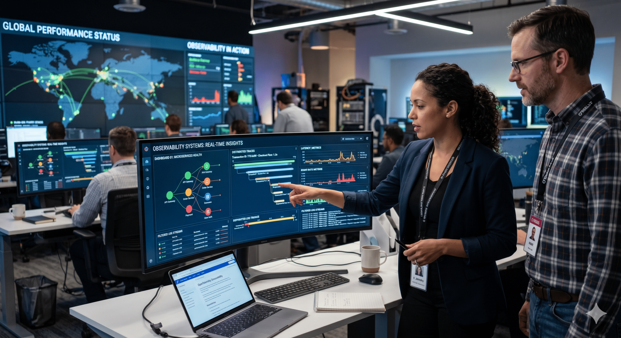 Observability Systems dashboard displaying real-time enterprise performance monitoring, distributed tracing, system analytics, and global infrastructure visibility in a modern operations center.