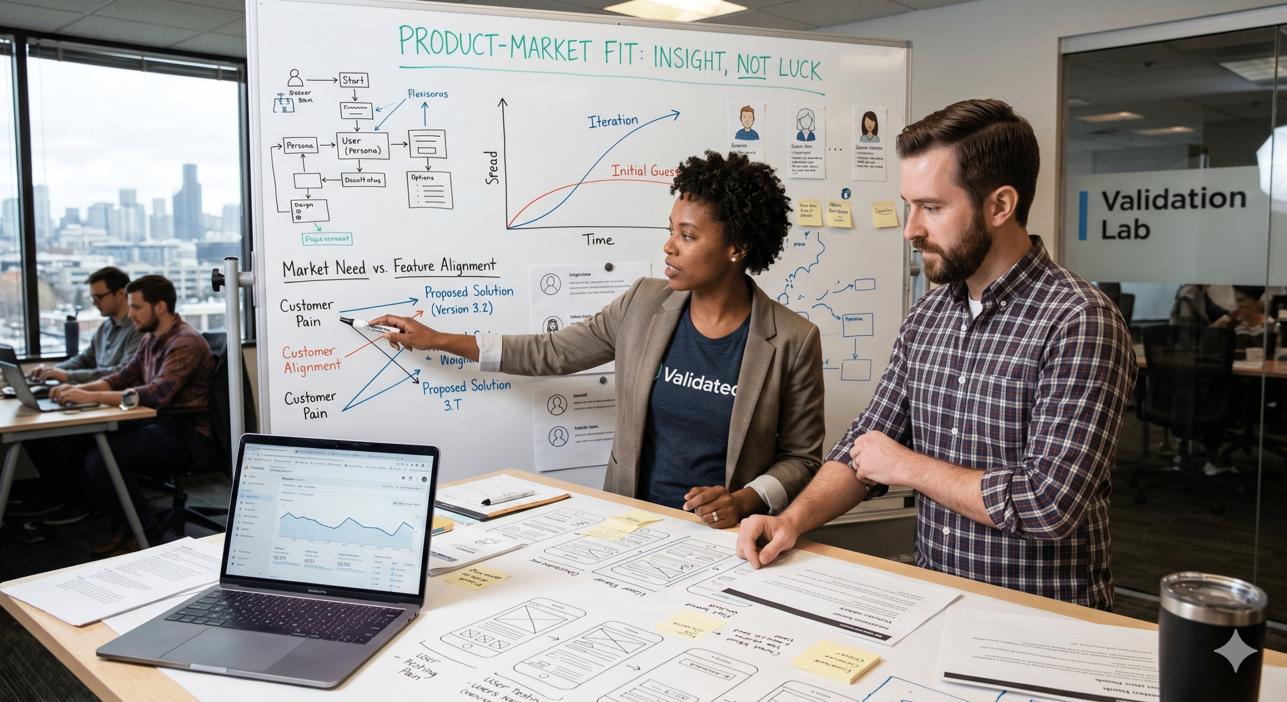 Startup team discussing product-market fit strategy and customer validation during a business planning meeting