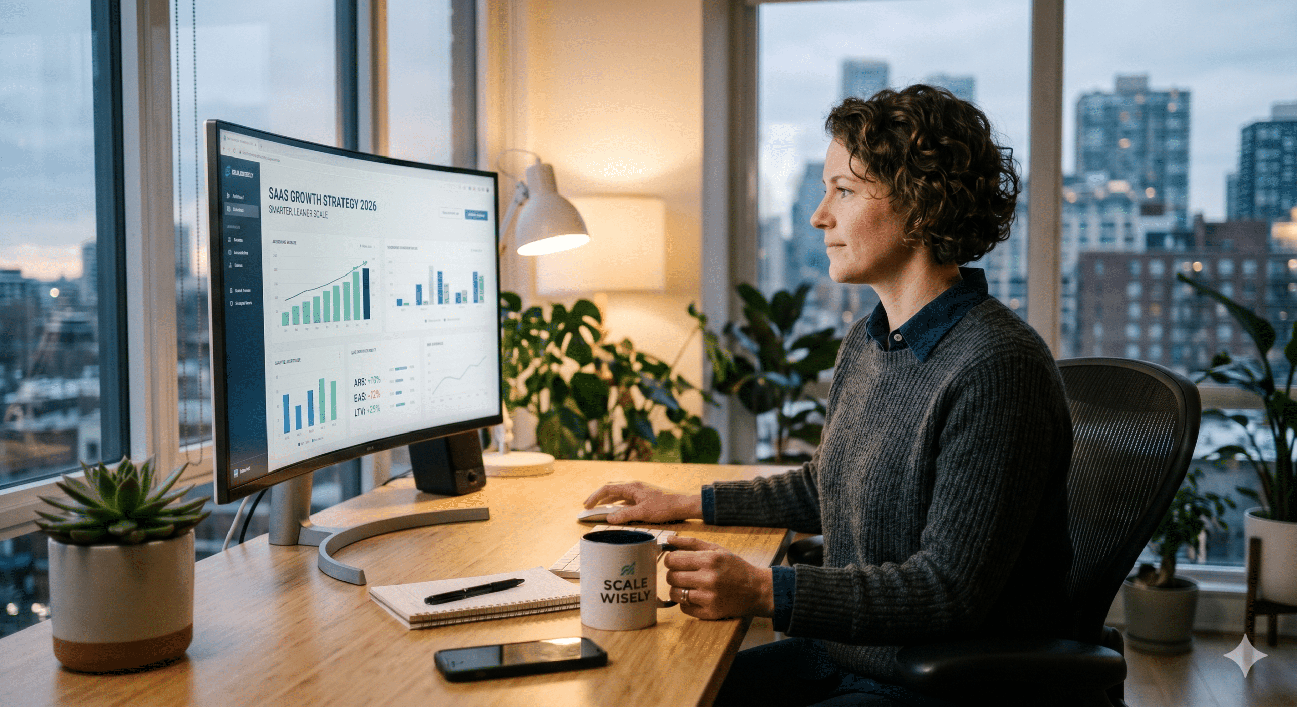 Professional SaaS strategist reviewing growth analytics dashboard and business performance metrics in a modern office workspace