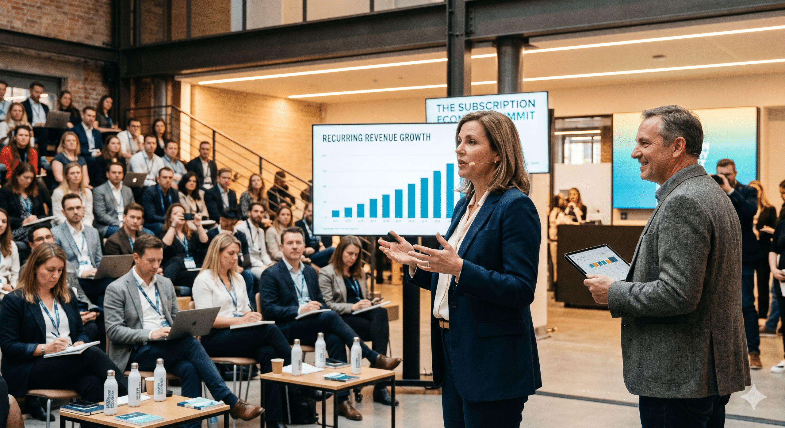 Business leaders presenting subscription model growth strategies and recurring revenue trends at a corporate conference