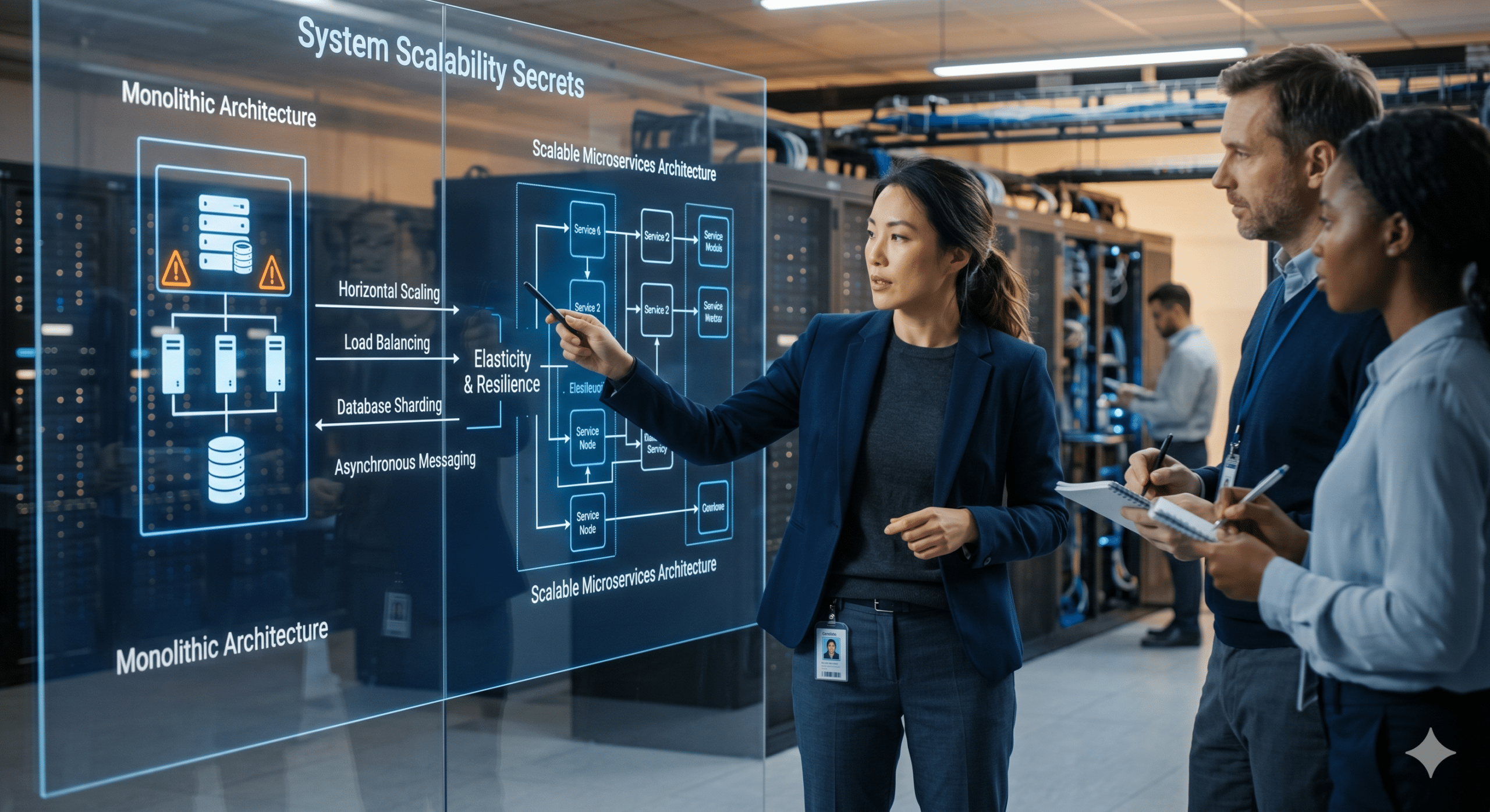 Enterprise architecture team reviewing system scalability strategies, comparing monolithic and microservices architectures with horizontal scaling, load balancing, and cloud resilience concepts in a modern data center.
