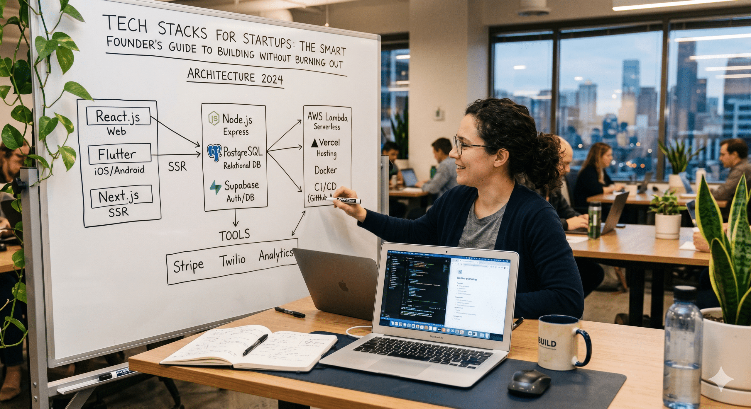 Startup founder explaining modern tech stacks using React.js, Next.js, Node.js, PostgreSQL, AWS Lambda, and Supabase on a whiteboard in a collaborative office.
