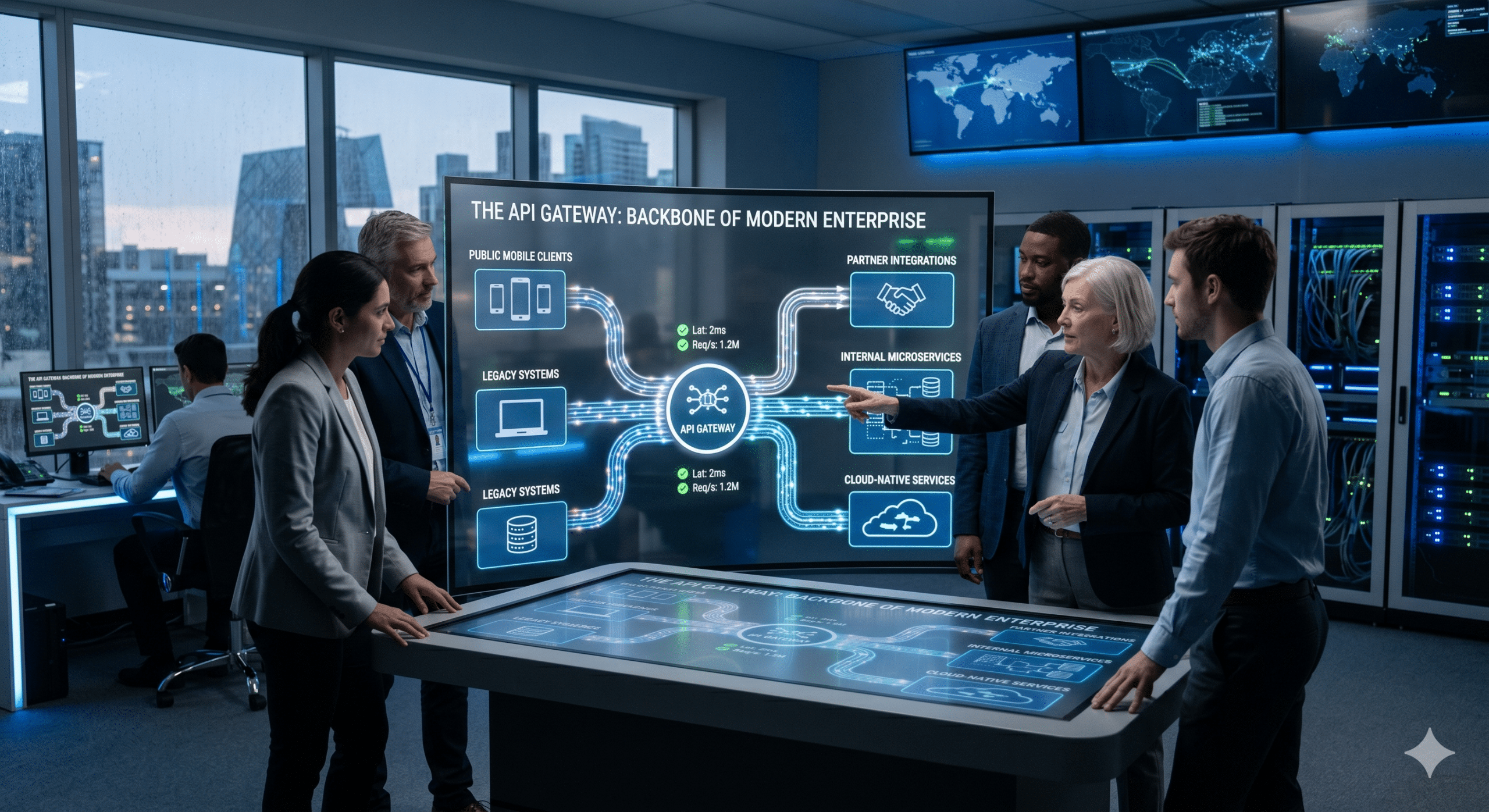 Enterprise architecture team reviewing API Gateway infrastructure connecting cloud-native services, microservices, partner integrations, and legacy systems.