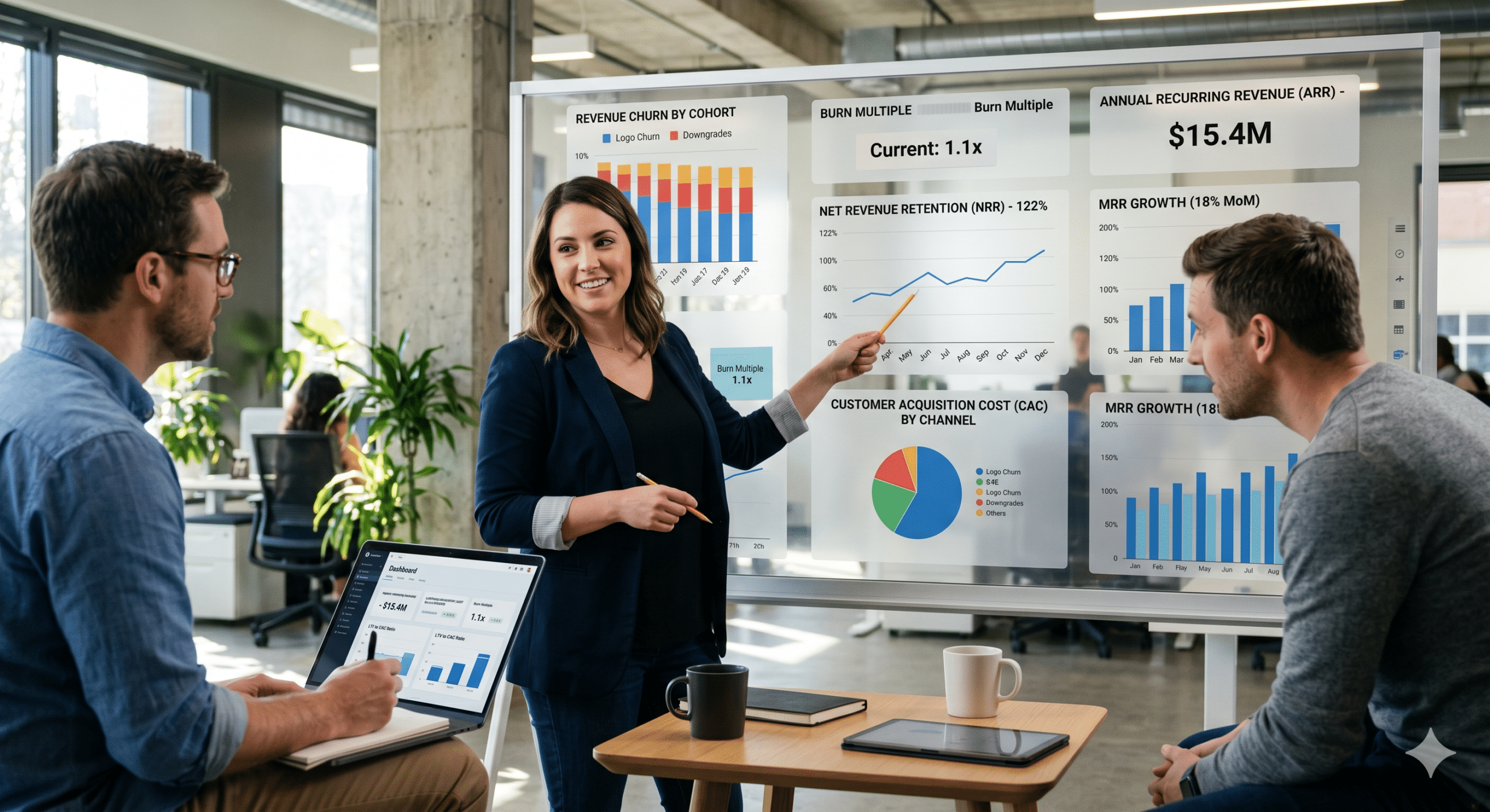 SaaS team reviewing business metrics dashboard with ARR, MRR growth, churn rate, and customer acquisition cost charts during a strategy meeting
