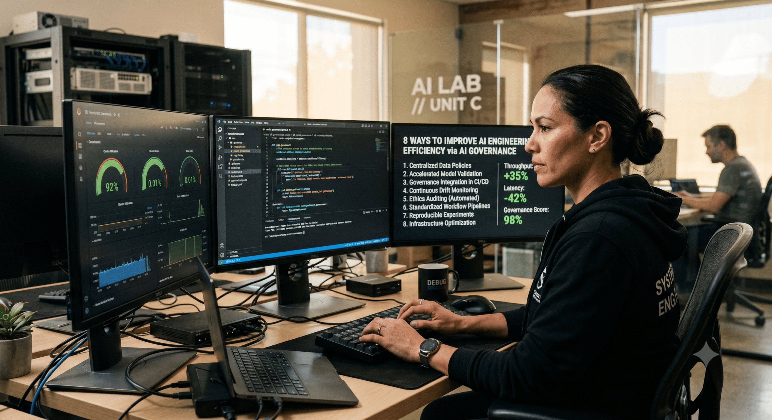 AI Governance engineer monitoring model performance dashboards and AI training systems to improve throughput, reduce cycle time, and optimize model engineering efficiency