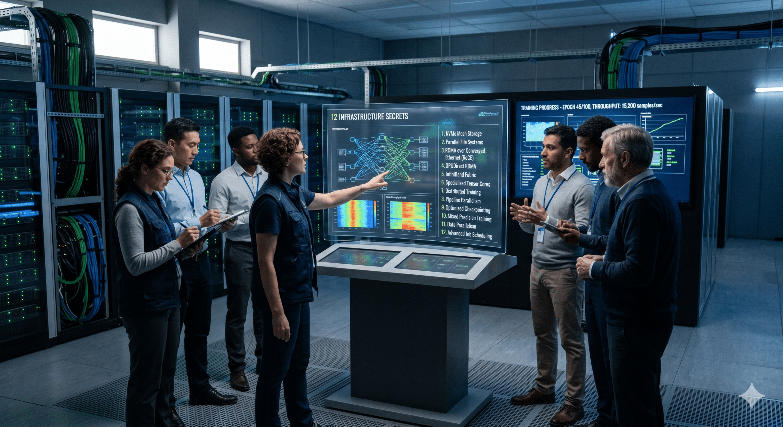 AI Infrastructure engineering team optimizing model training systems in a modern data center to improve throughput, reduce cycle time, and increase AI performance