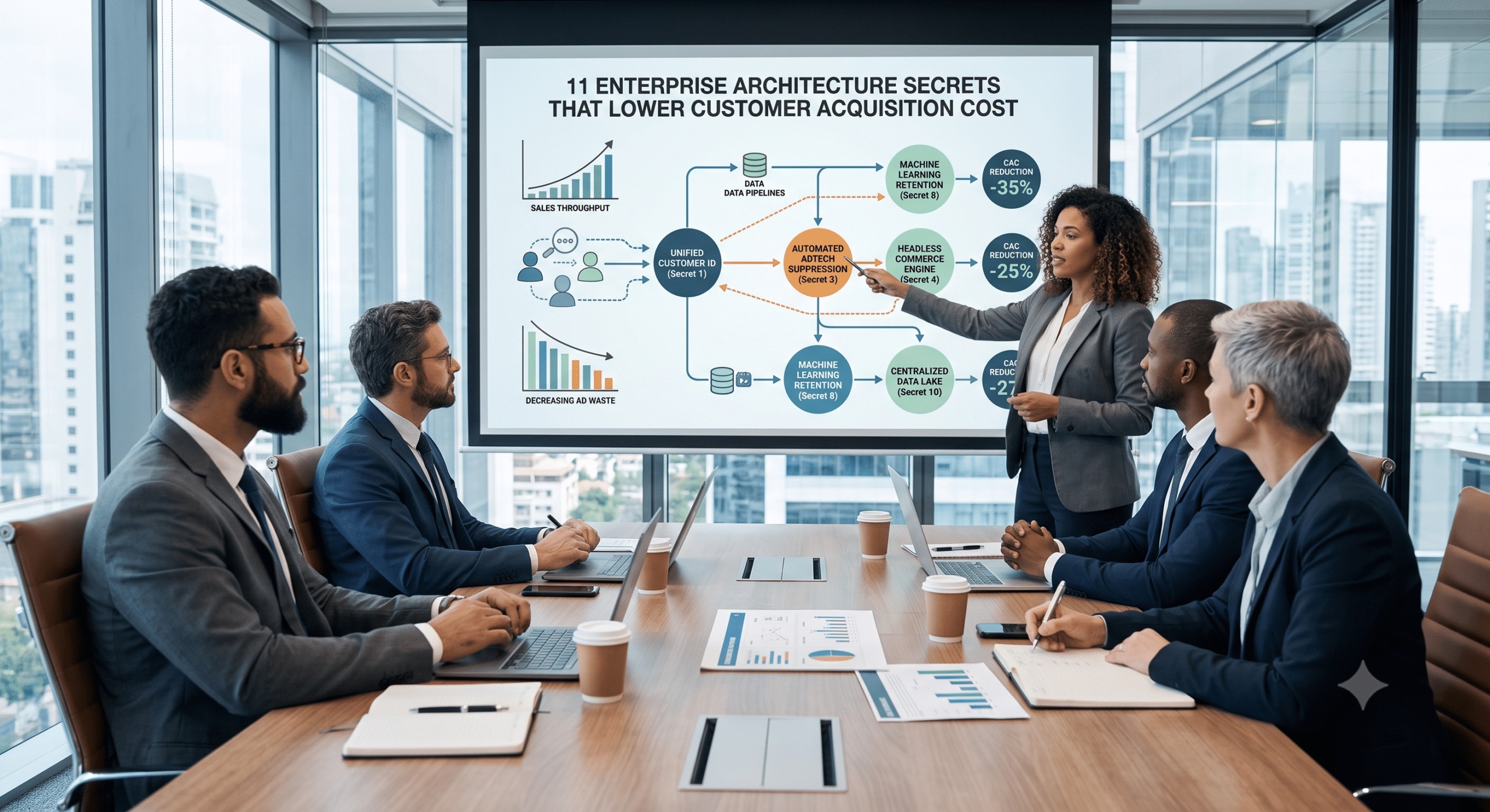 Enterprise architect presenting a data flow diagram that connects Martech pipelines to an automated AdTech engine to lower customer acquisition costs.