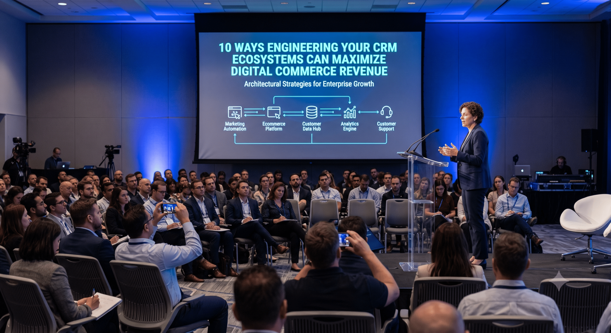A keynote speaker presents '10 Ways Engineering Your CRM Ecosystems Can Maximize Digital Commerce Revenue' at a large conference, showing an architectural data flow infographic.