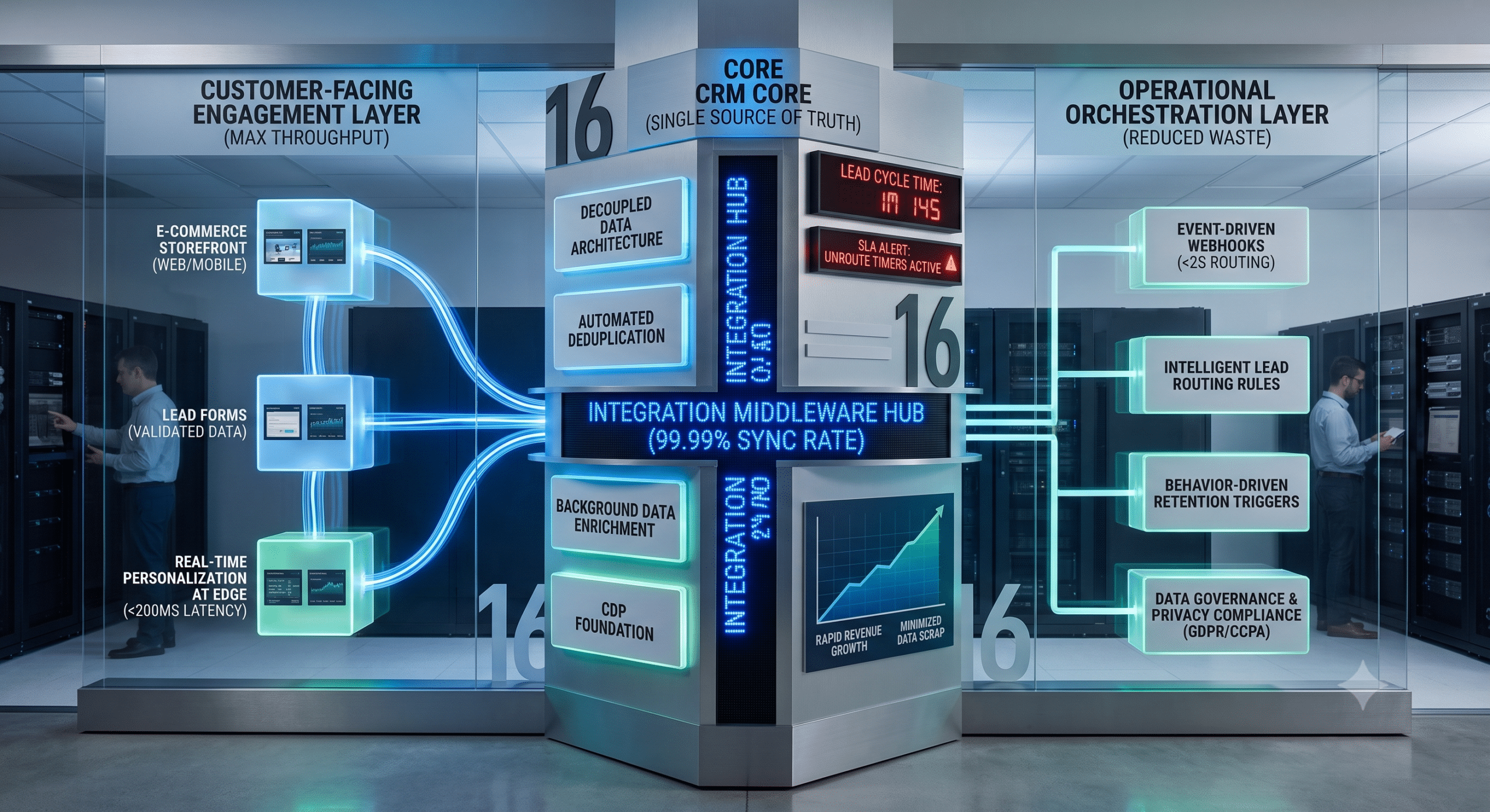 A high-throughput CRM technology stack architecture diagram inside a clean server data center. It visually maps the unified data flow across a customer-facing engagement layer, an integration middleware hub, and an operational orchestration layer to maximize sales volume and reduce data scrap.