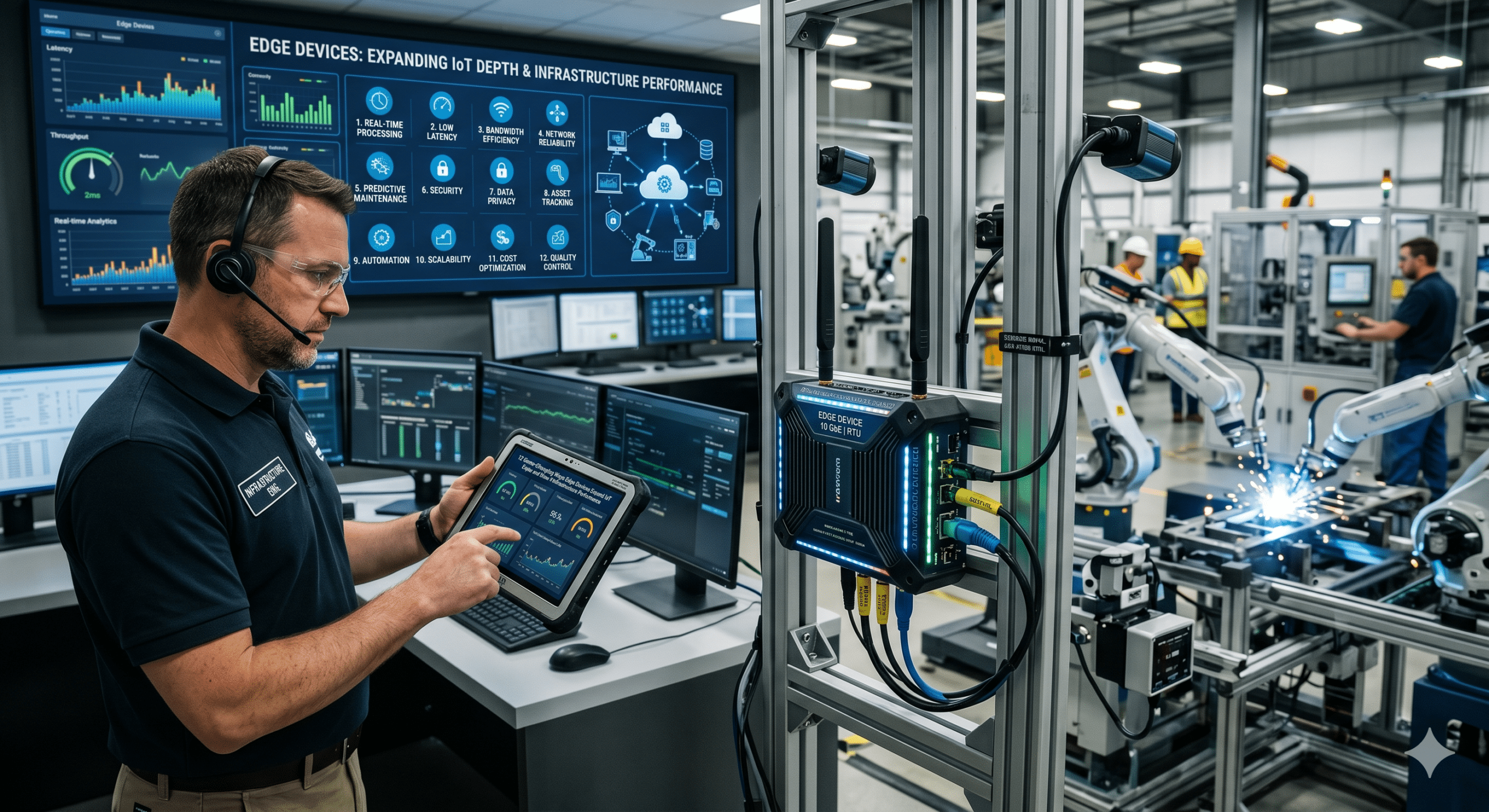 Network engineer monitoring connected devices and edge computing systems in a smart manufacturing facility with industrial robots, real-time analytics dashboards, and IoT infrastructure.