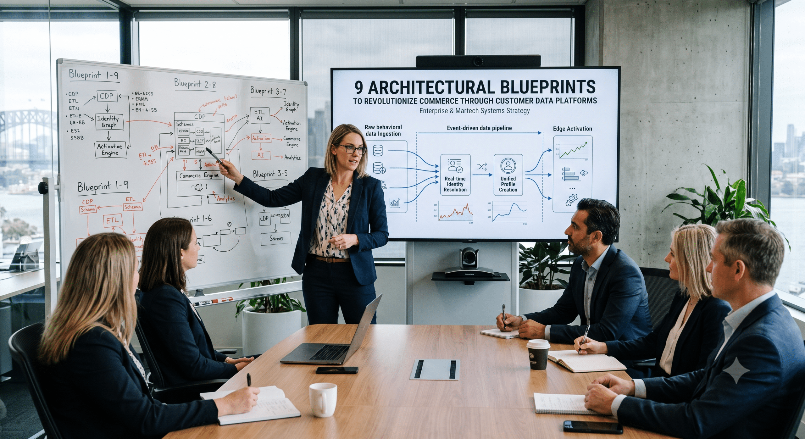 An Enterprise Architect presents 9 blueprints for Customer Data Platforms in a corporate boardroom.