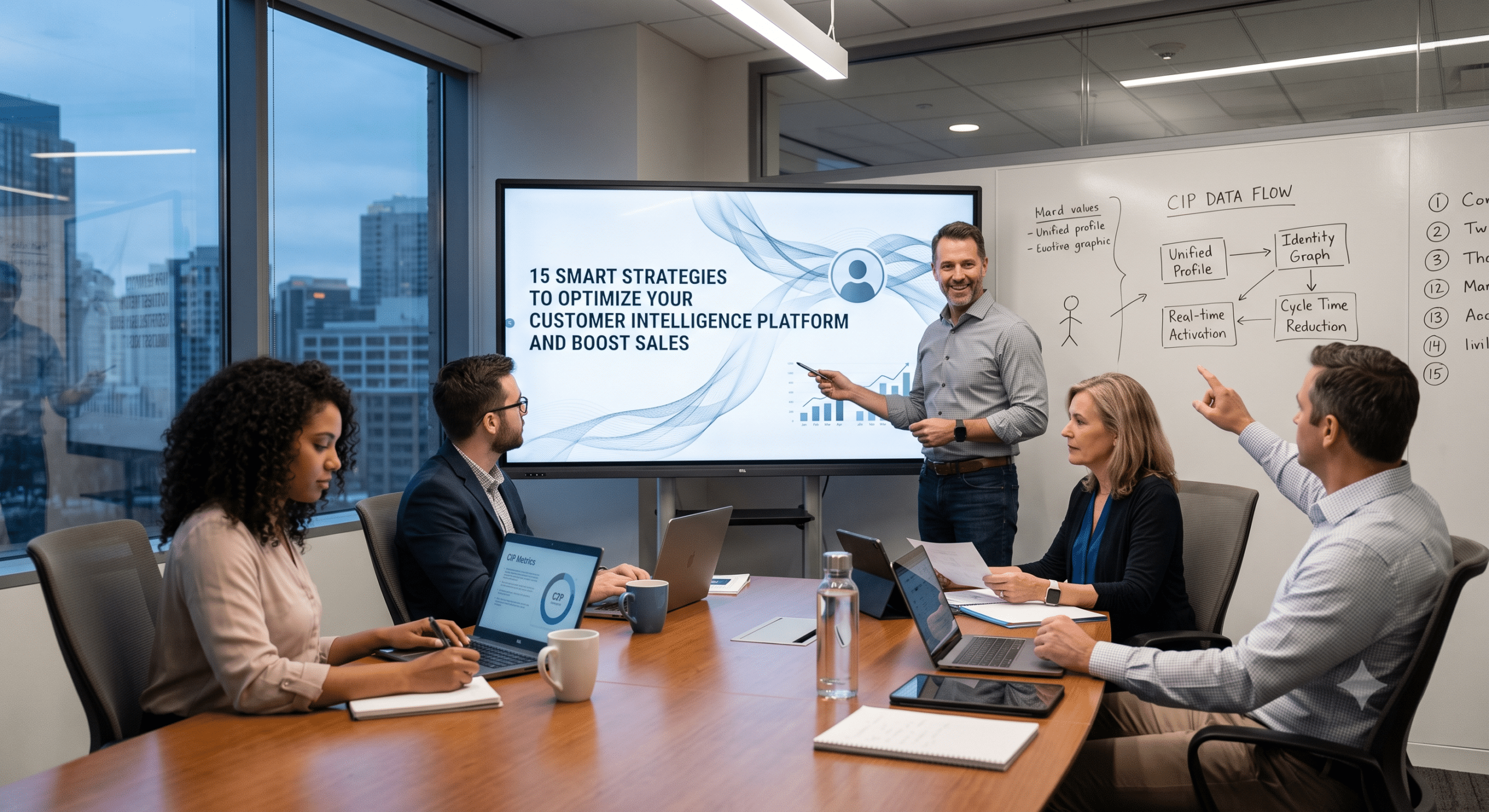 A professional enterprise architecture team collaborating in a modern conference room to optimize a Customer Intelligence Platform for higher sales.