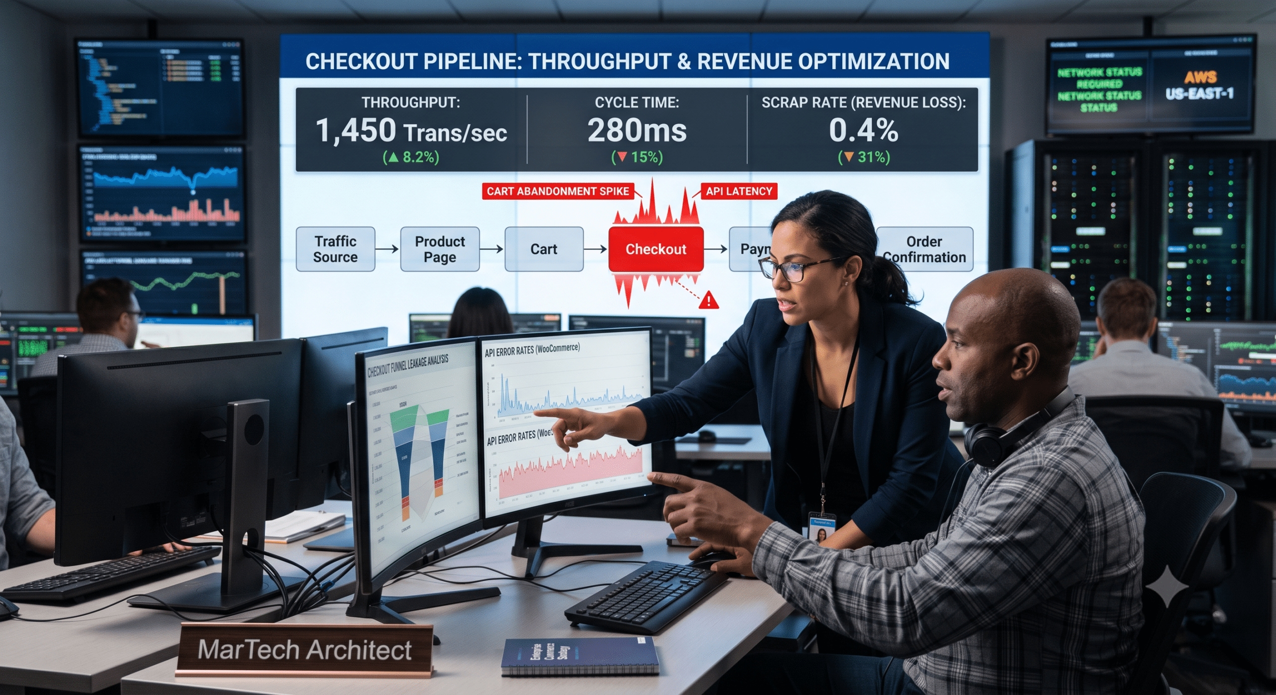 A female MarTech architect points out a checkout funnel latency spike on a monitor to an enterprise systems engineer in a data network control center.