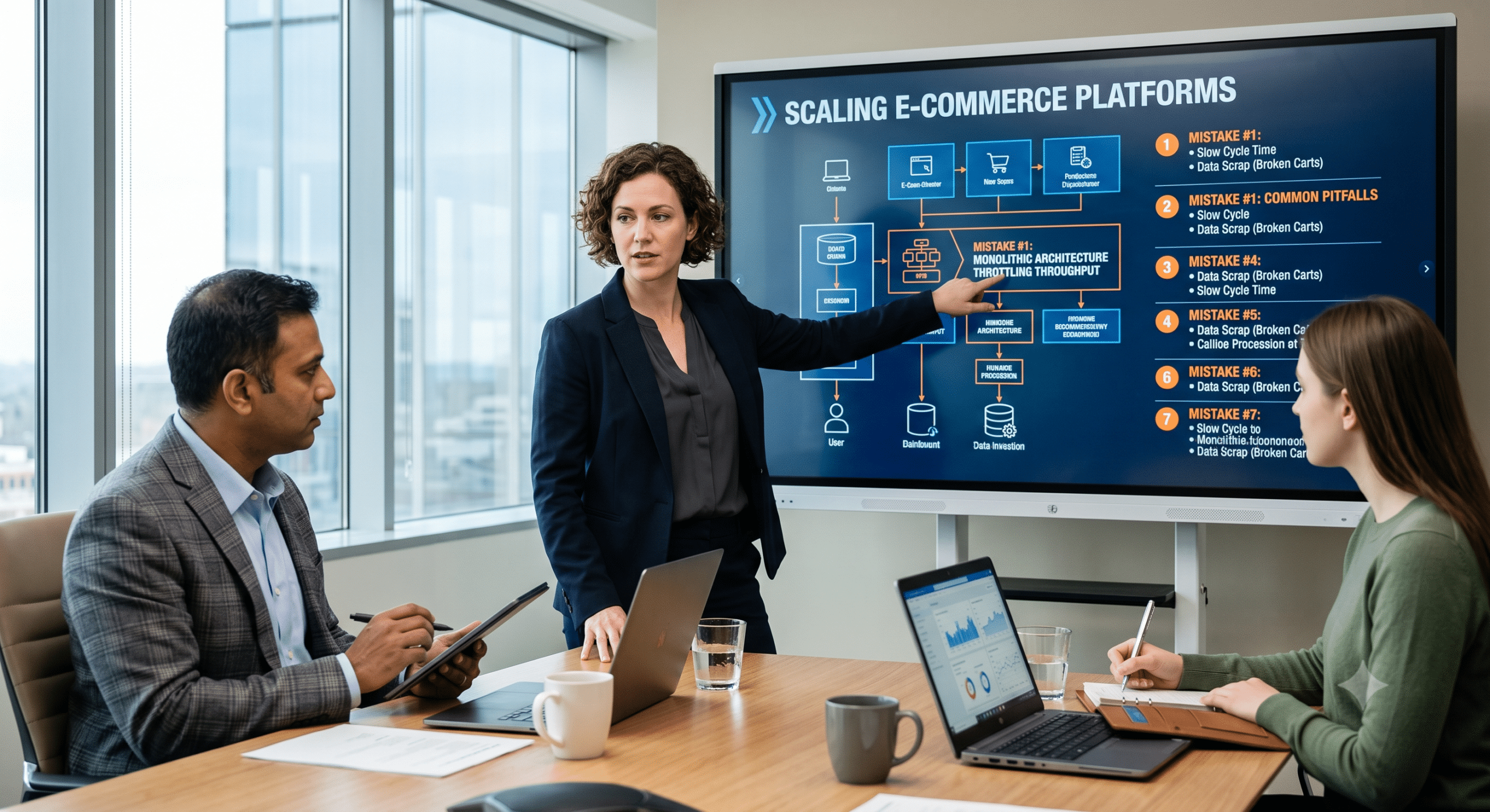 A female enterprise architect presenting data flow issues on modern e-commerce platforms to executives in a conference room.