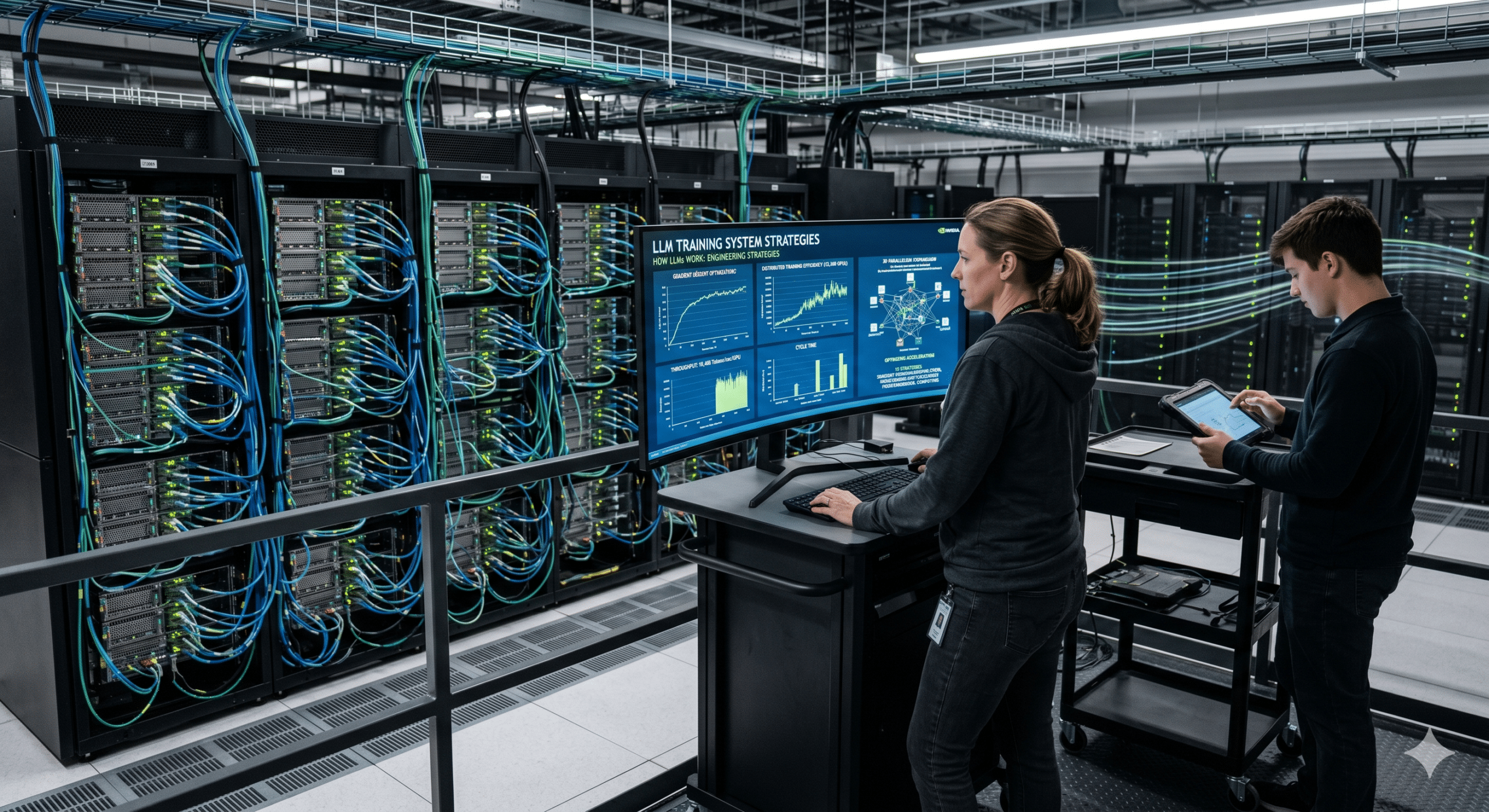 How Large Language Models Work training system engineers monitoring AI model training performance, throughput optimization, and distributed computing infrastructure in a modern data center