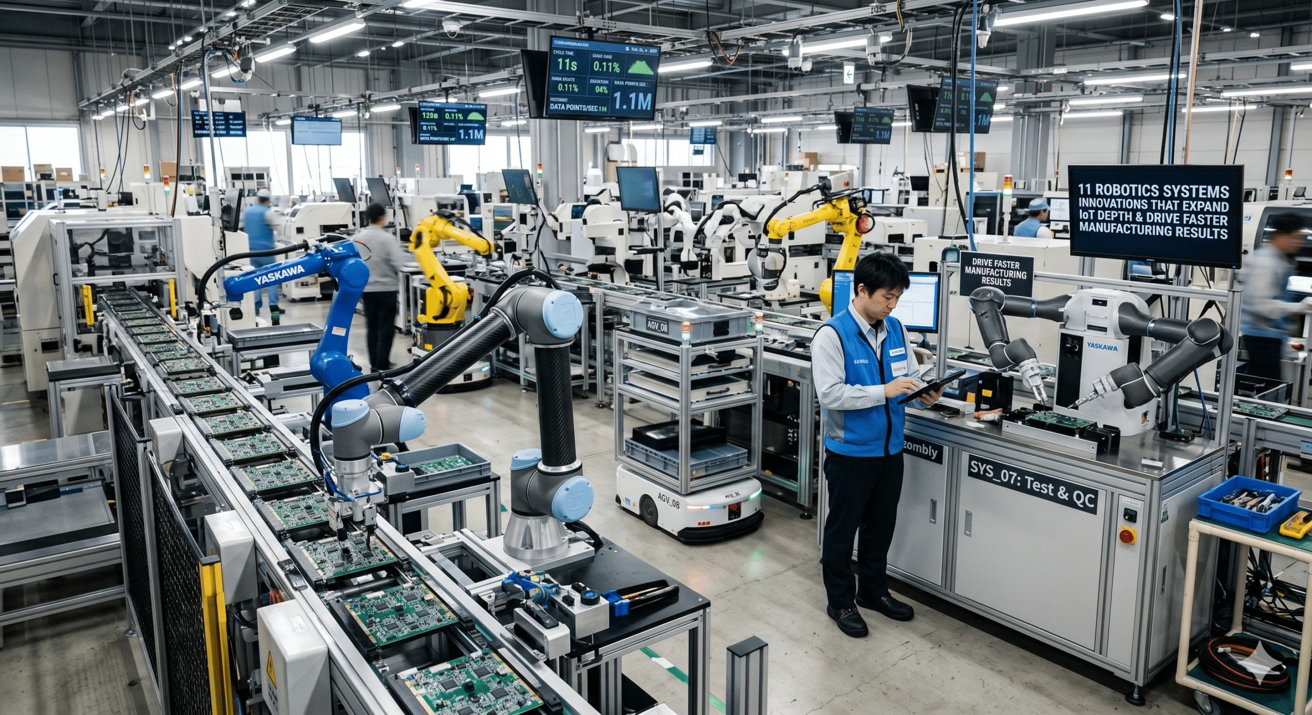 Industrial robots operating on a smart manufacturing production line with IoT-connected automation, real-time monitoring dashboards, robotic arms, and quality control systems in a modern factory.