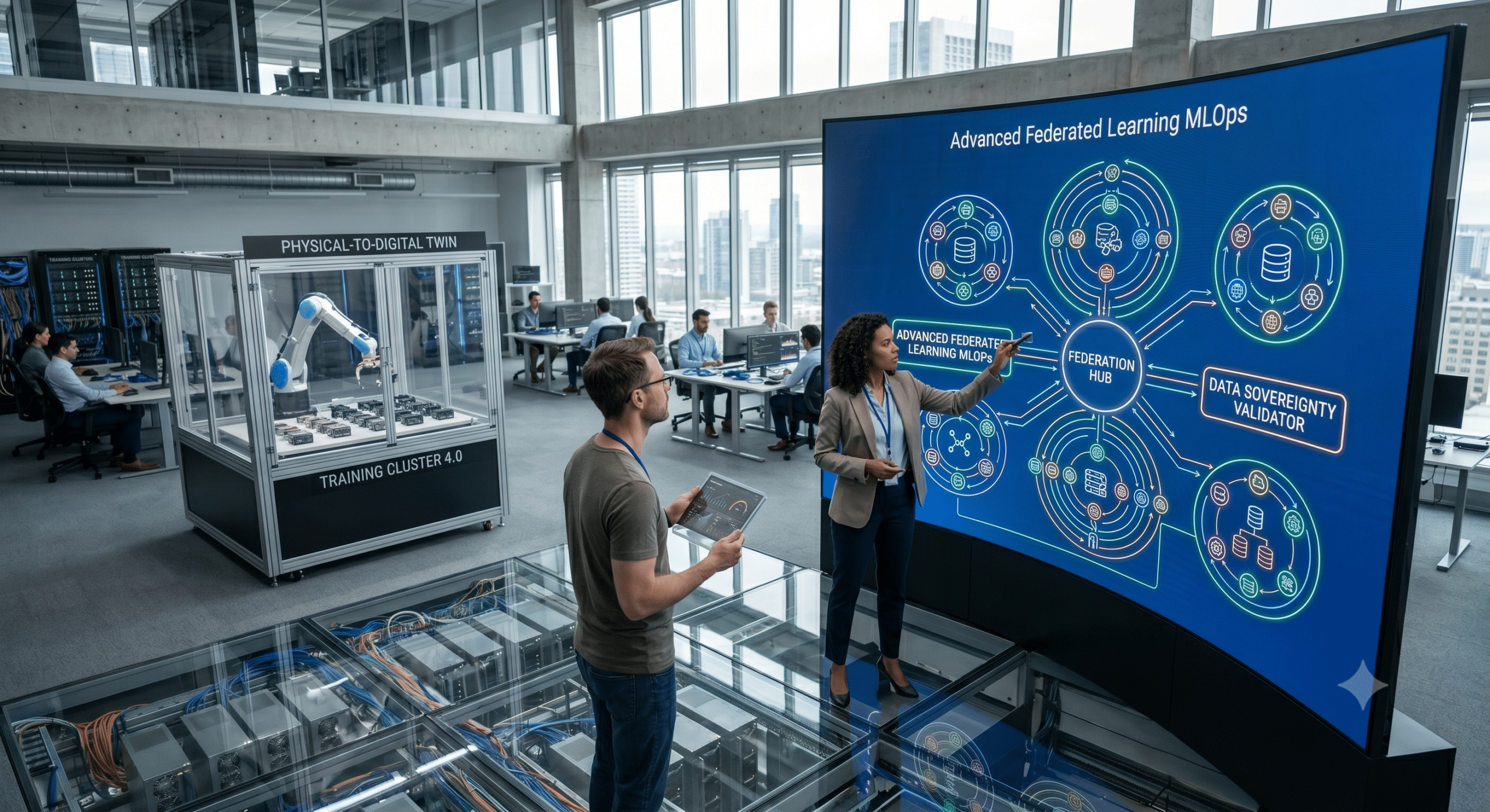 MLOps engineering team managing federated learning infrastructure, AI model training systems, digital twin environments, and production machine learning operations in a modern data center