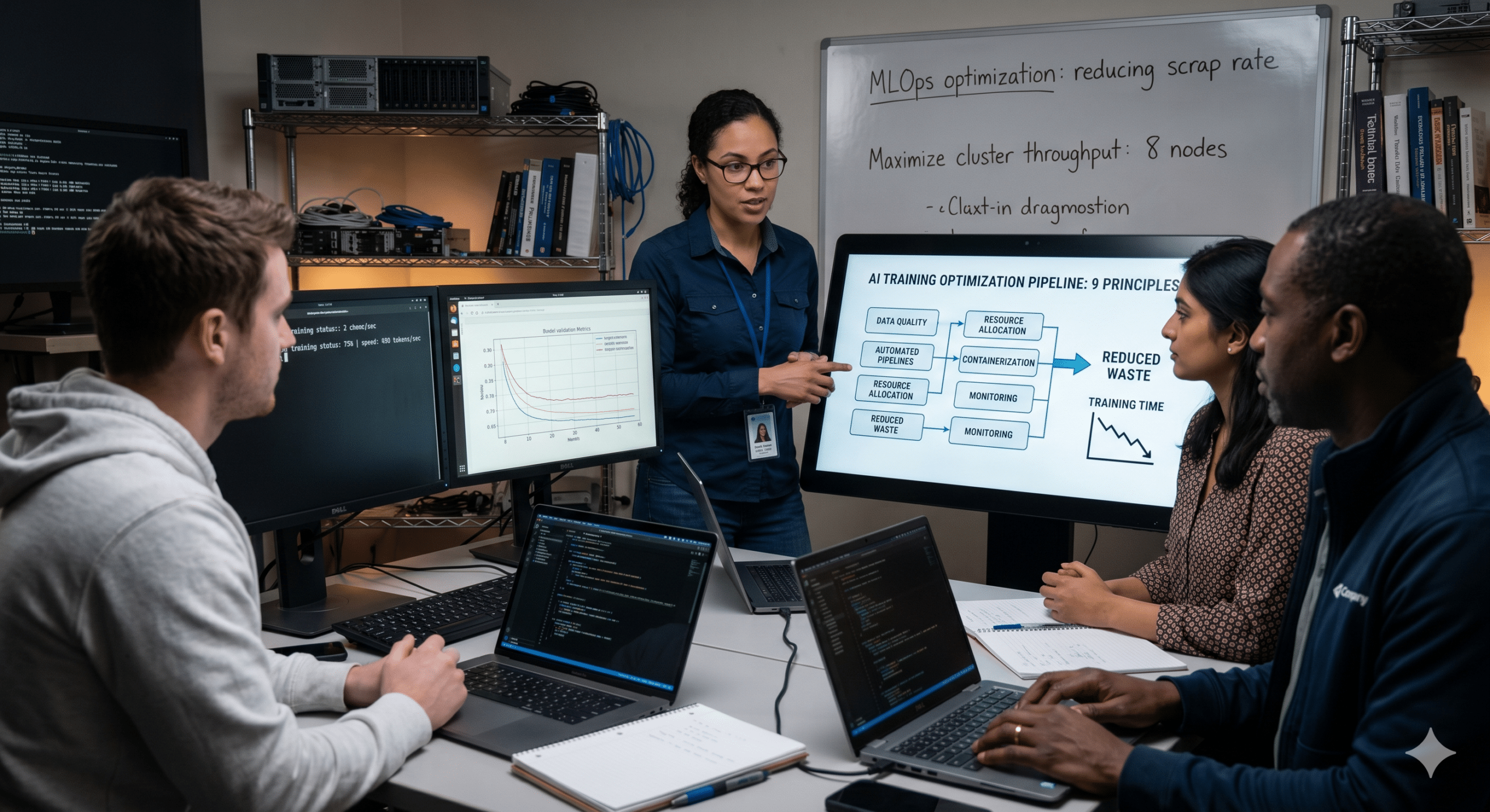MLOps engineering team optimizing AI training pipelines to reduce model waste, improve throughput, and accelerate machine learning deployment