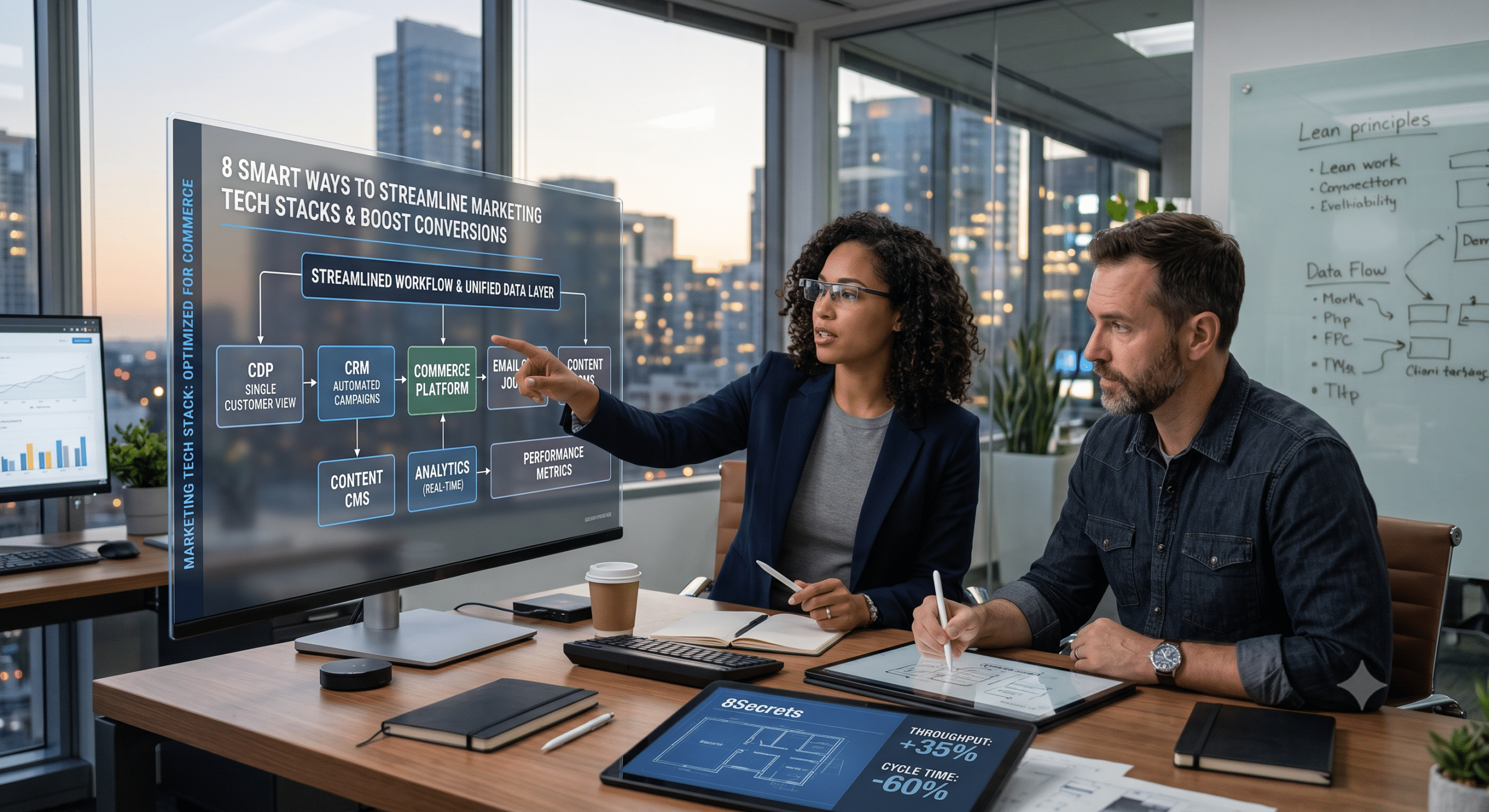 An enterprise architect and a marketer collaborating in a modern office, analyzing a streamlined marketing tech stack diagram on a monitor to boost conversions.