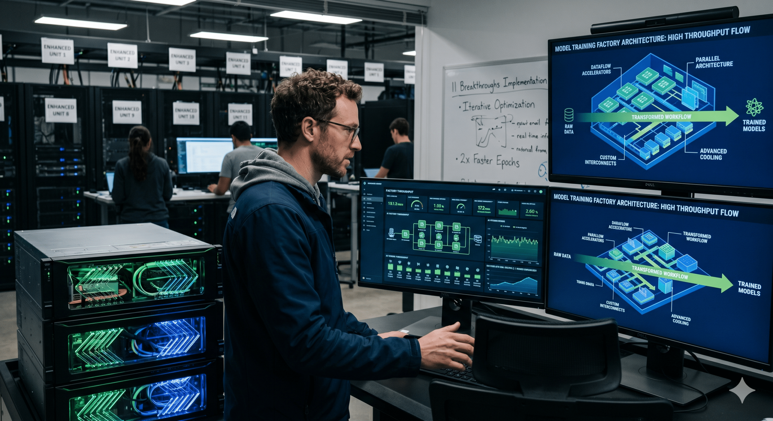 AI engineer optimizing Model Training Systems in a high-performance data center using advanced monitoring dashboards, distributed computing infrastructure, and machine learning training pipelines.