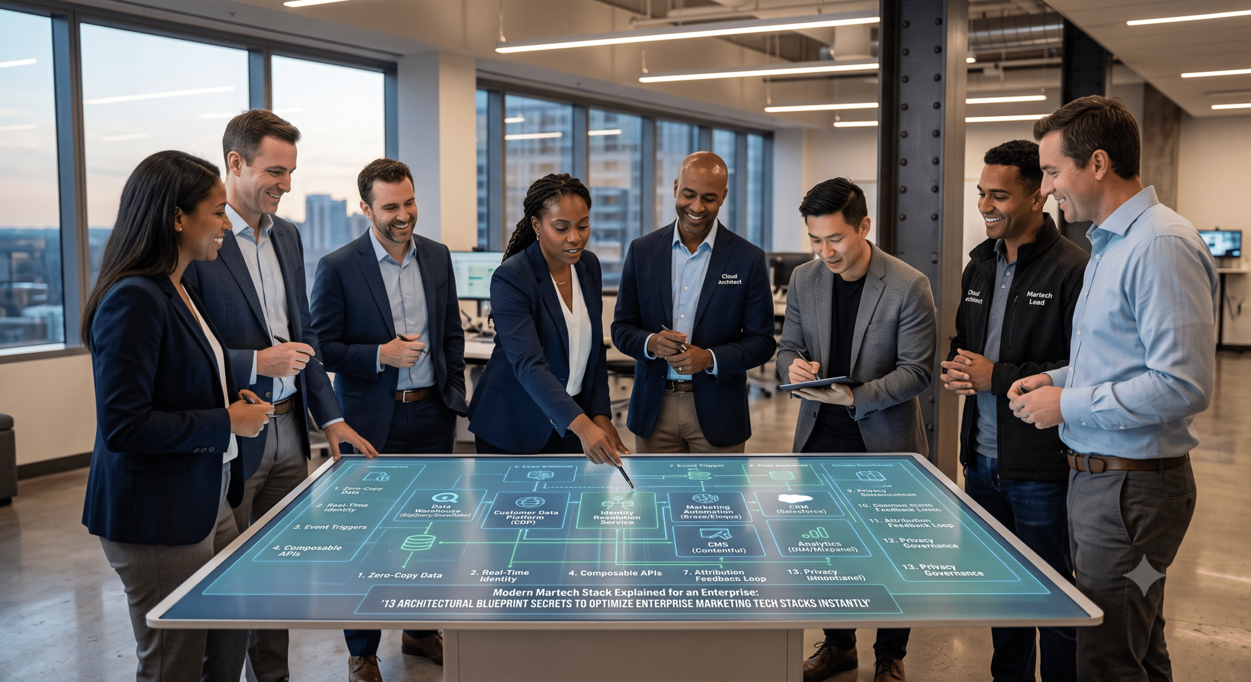 Enterprise architecture team analyzing a modern marketing technology stack blueprint on a digital display table.
