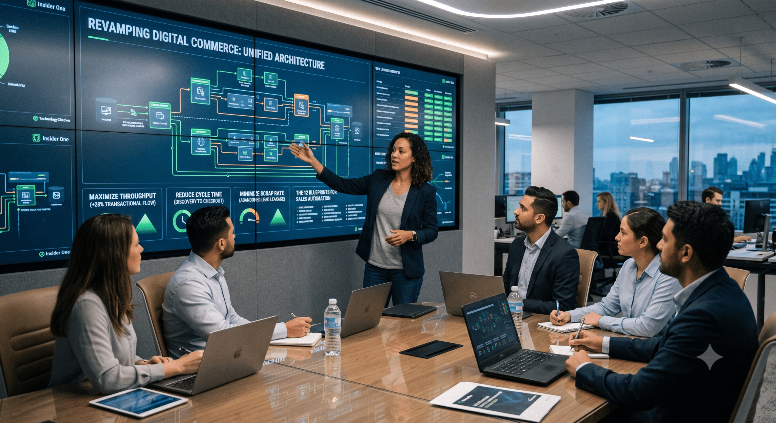 Enterprise architect presenting a unified digital commerce architecture and sales automation data flow diagram on a large corporate screen.