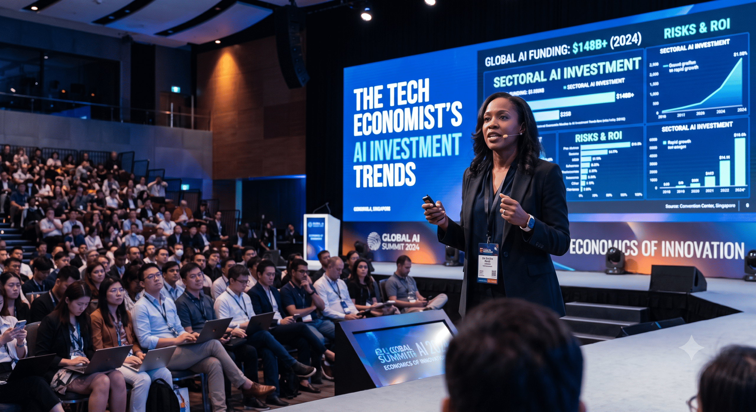 AI Investment Trends presentation at a global technology conference showing a tech economist explaining AI funding growth, sector investment, market intelligence, and ROI analysis to business leaders.