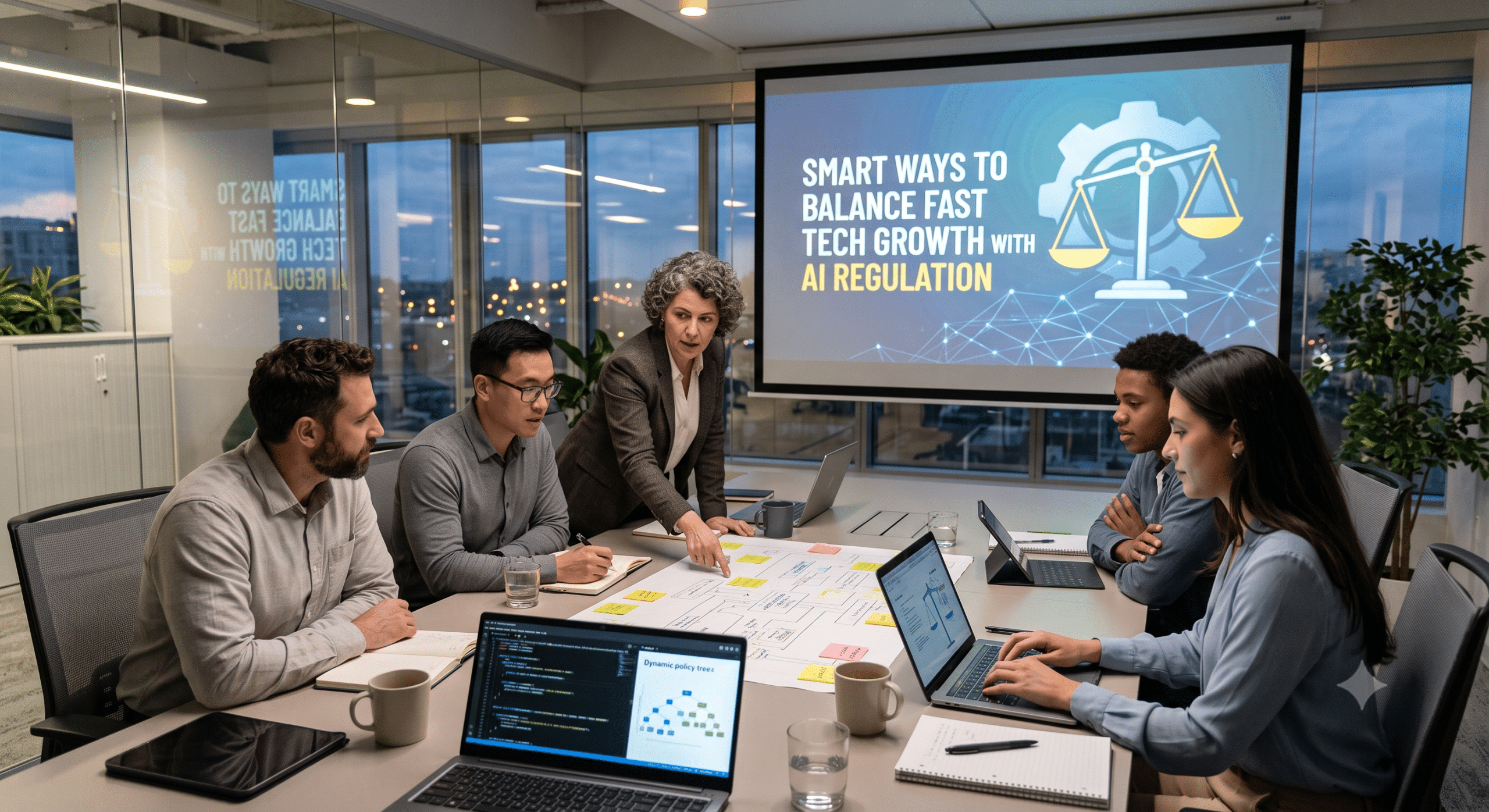 Digital governance team discussing AI regulation strategies, technology compliance, responsible AI policies, and regulatory frameworks during a planning workshop.