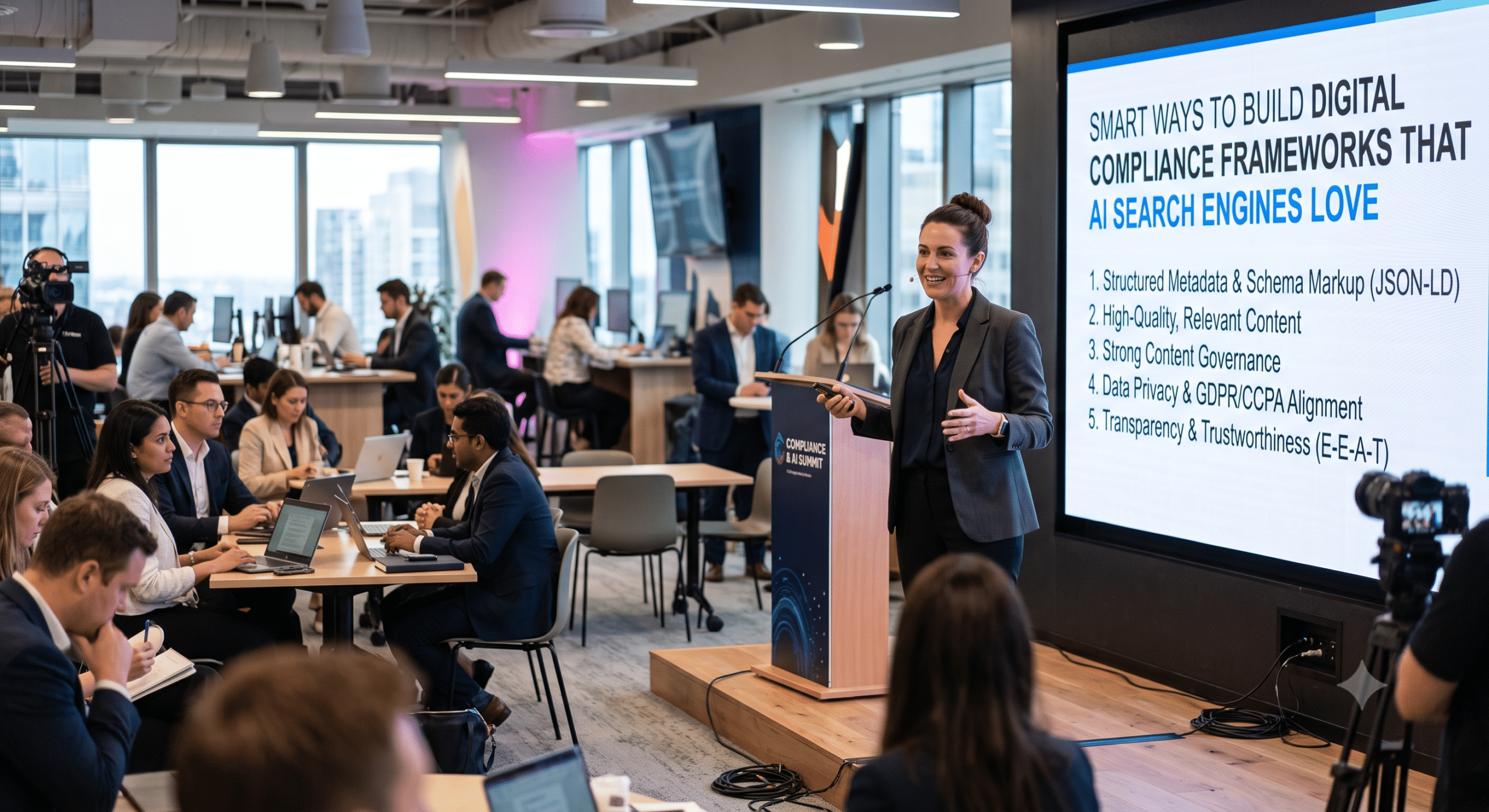 Compliance expert presenting digital compliance frameworks, AI governance, data privacy, and regulatory best practices during a corporate compliance workshop.