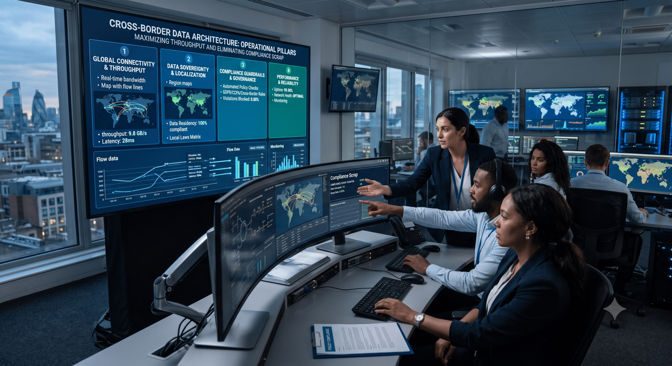Cross-border data governance team monitoring global data flows, compliance dashboards, and secure digital infrastructure.