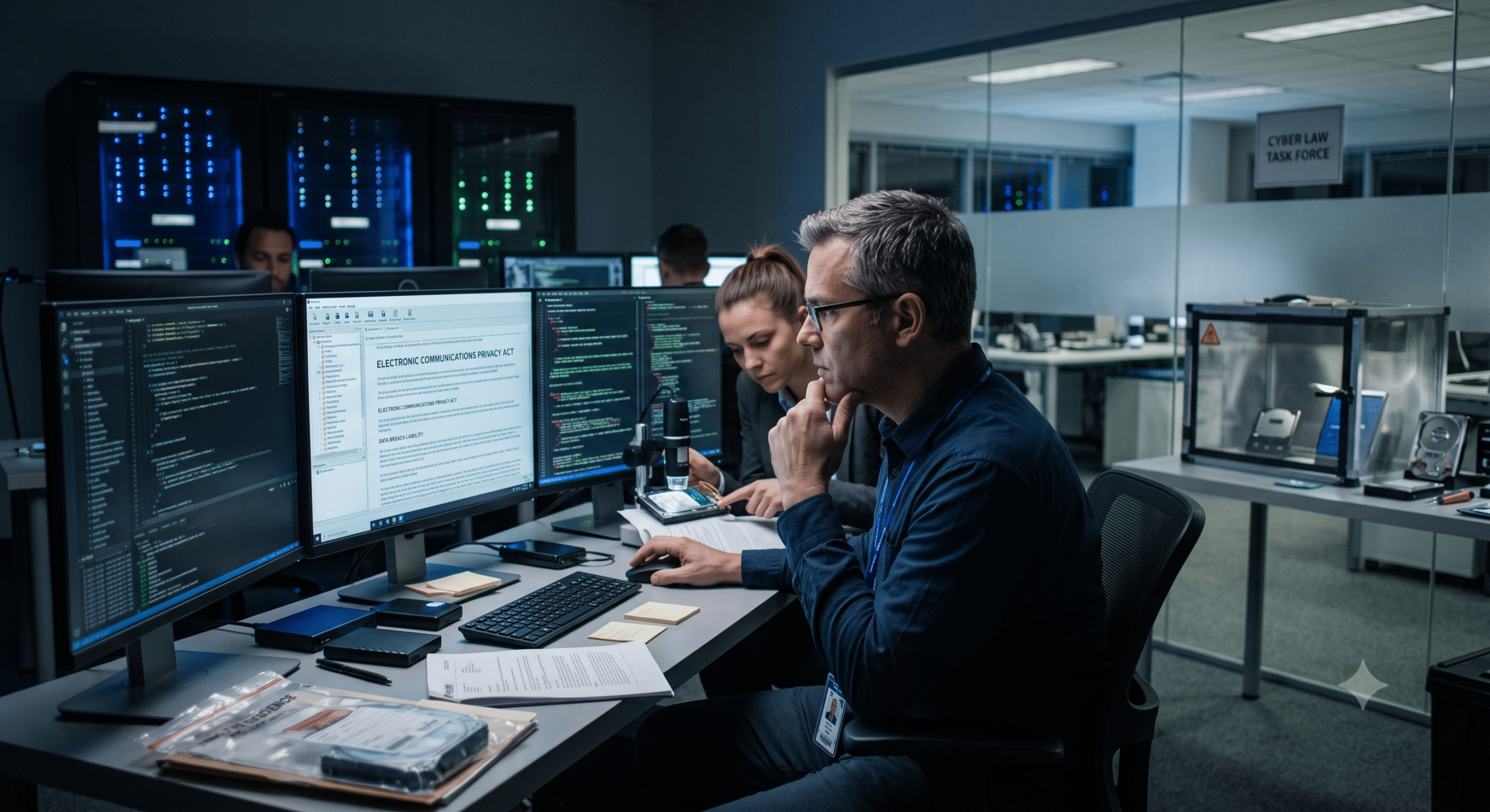 Cyber Law professionals reviewing cybersecurity regulations, digital compliance documents, and source code in a secure operations center.