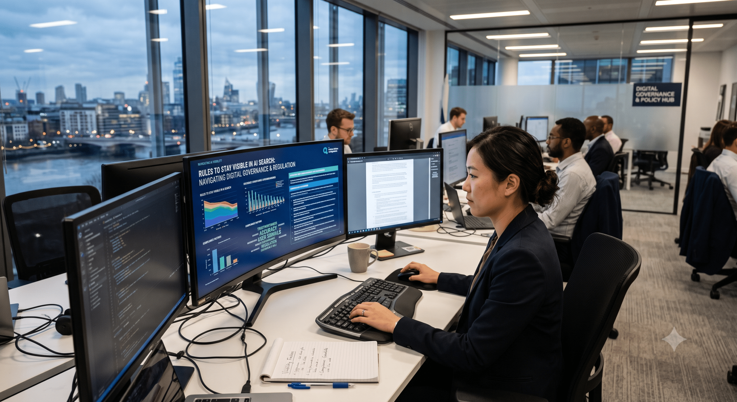 Digital governance professional reviewing data regulations, compliance policies, and regulatory dashboards to ensure data privacy, AI governance, and regulatory compliance.